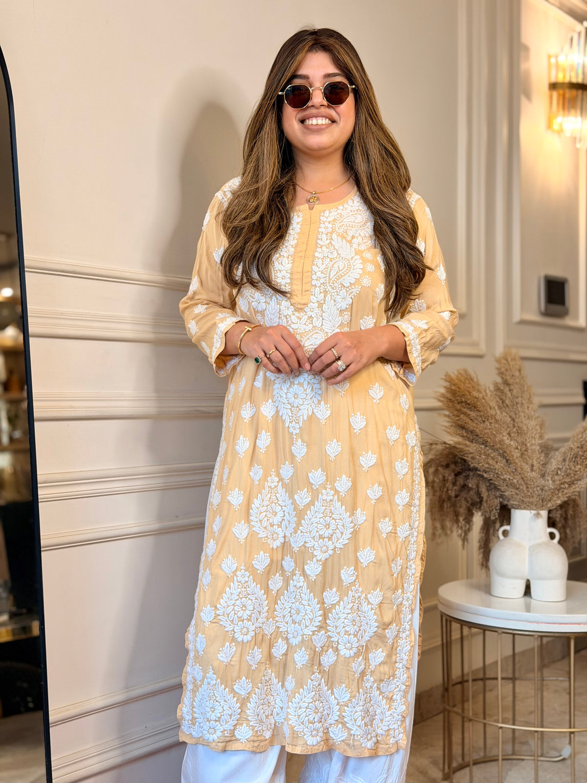 Hand Embroidered 3D Chikankari Kurta | Mul Chanderi | Beige