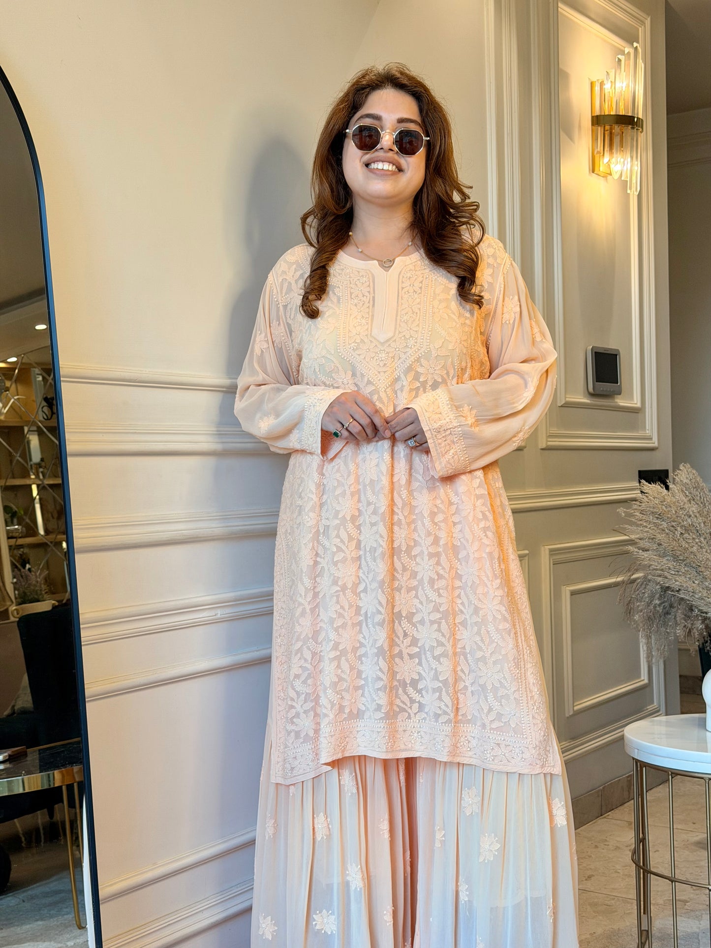 Delicate Full Zaal Hand Embroidered Chikankari Sharara set | Viscose | Peach