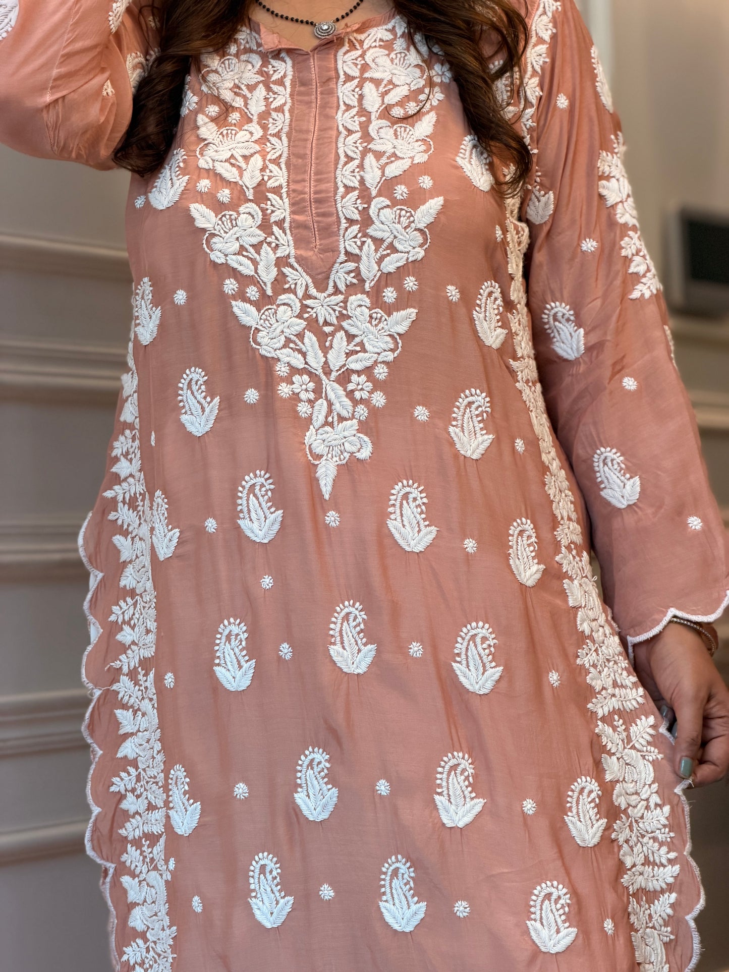 Hand embroidered 6D Chikankari Kurta | Mul Chanderi | Sand
