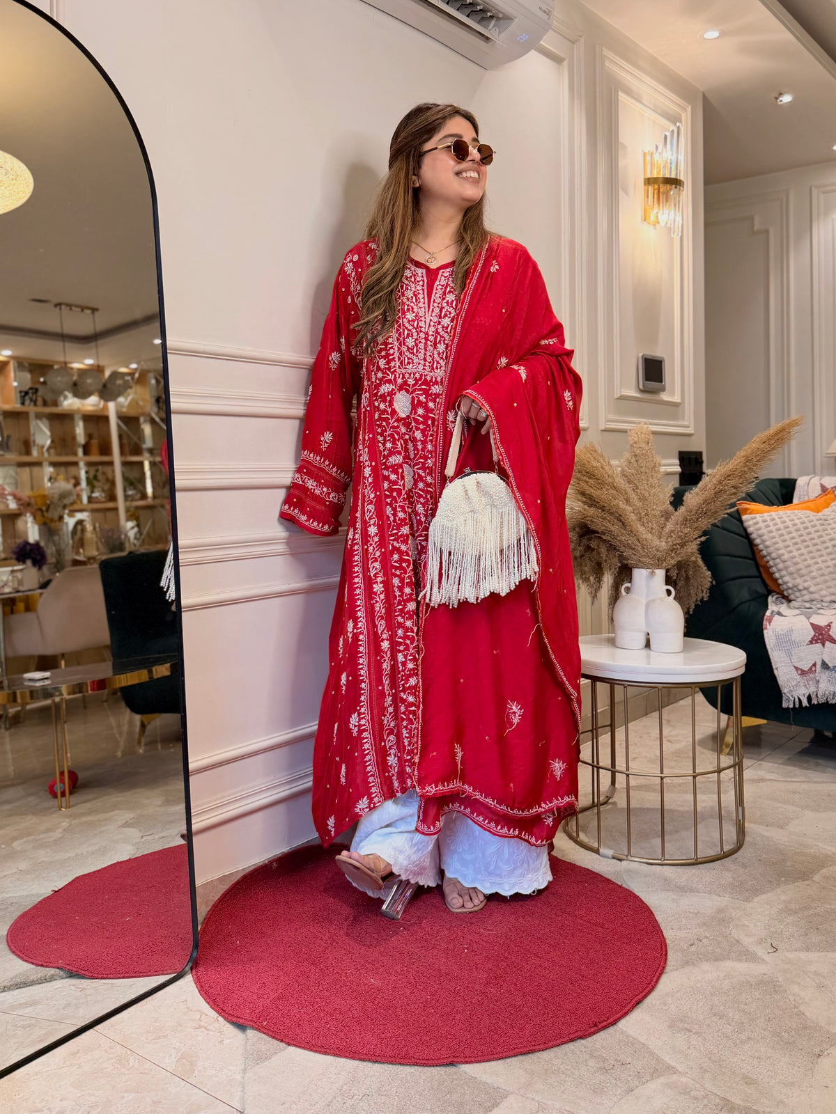 Luxe Hand Embroidered Chikankari Kurta & Duppta | Premium Soft Muslin | Red