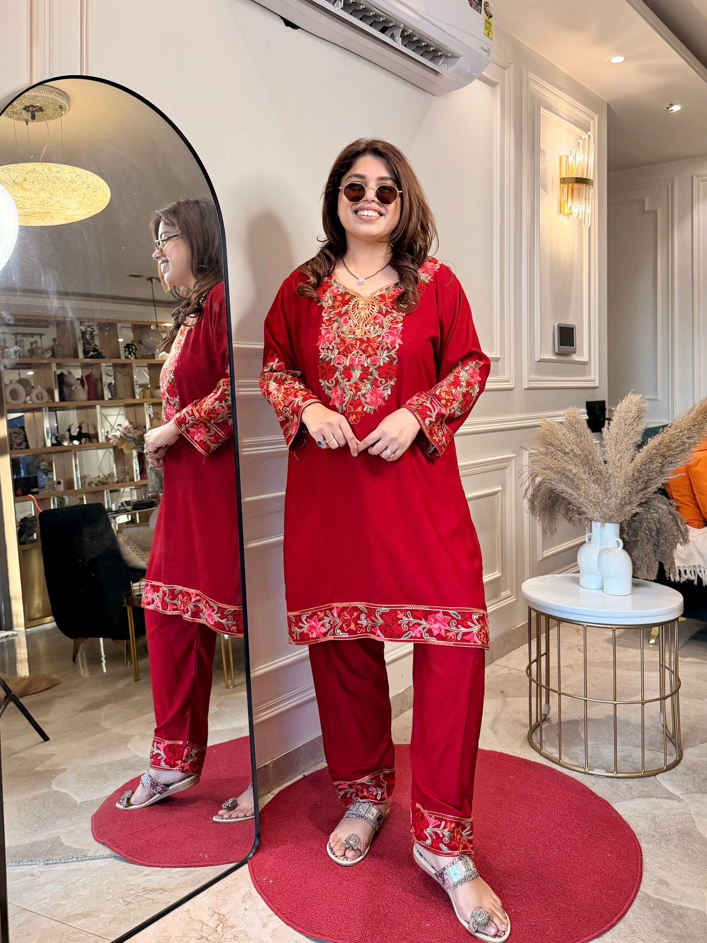 Cotton Kashmiri Emberoried Cordset- Red colour