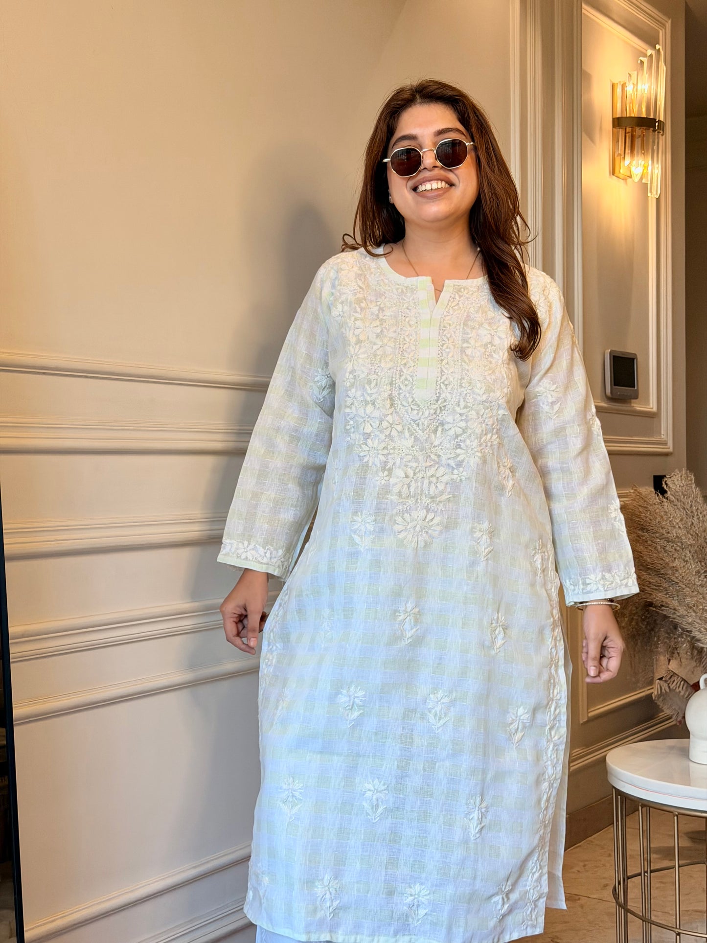 Hand Embroidered Chikankari Kurta Set - Kota Doriya Fabric | Mint Green