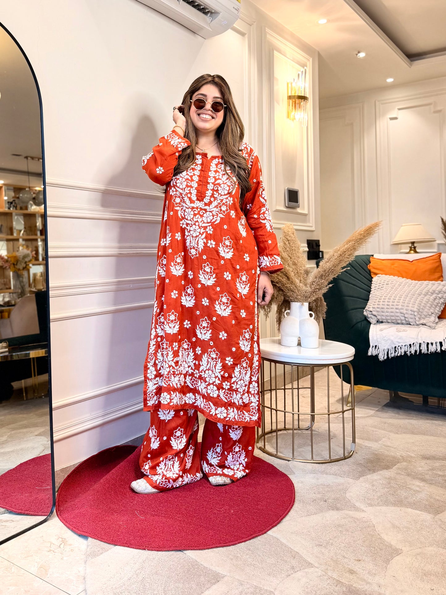 Hand embroidered 3D Chikankari Kurta set | Premium Modal| Rust Orange