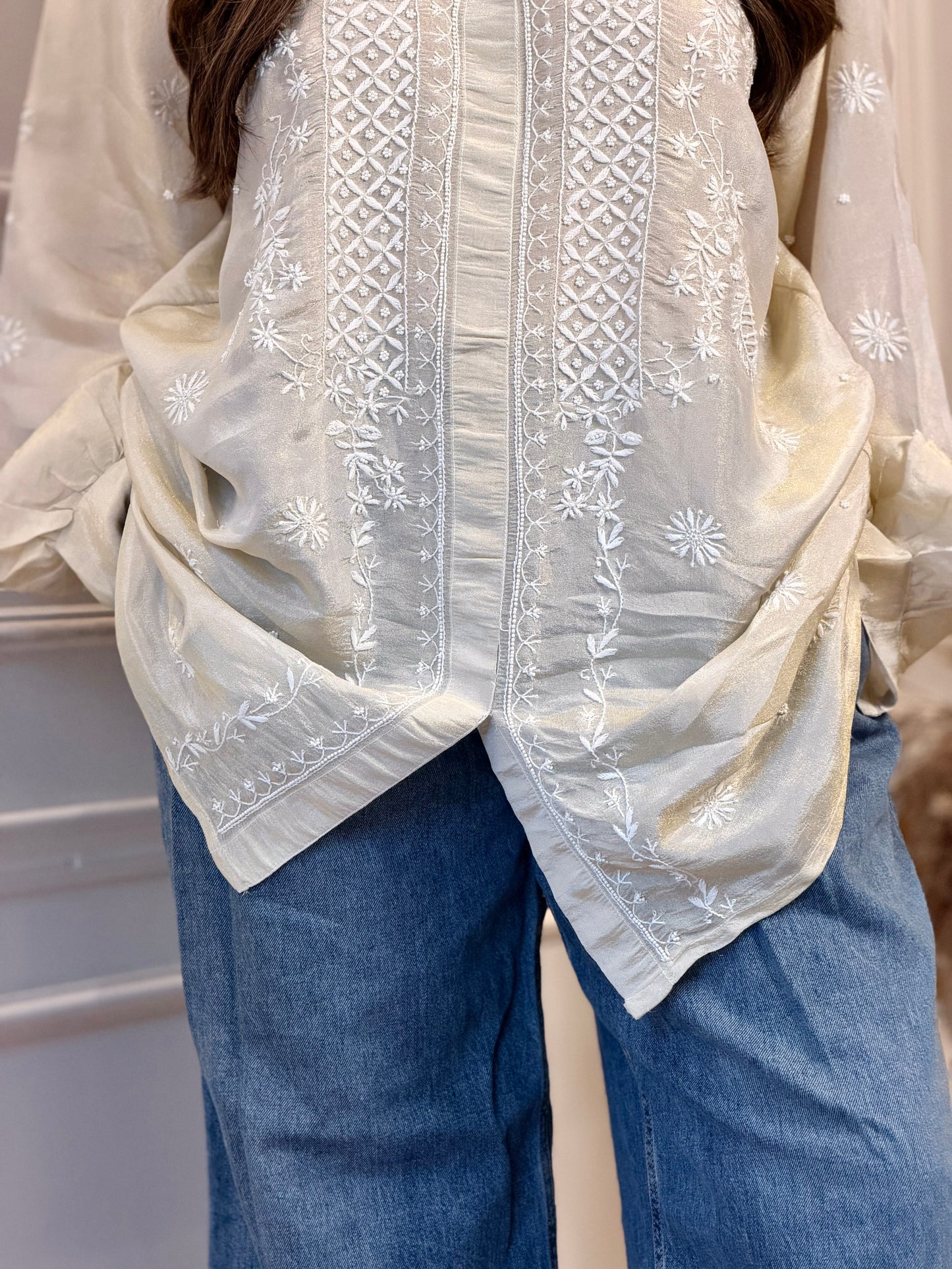 Hand Embroidered 3DChikankari Shirt | Premium Tissue | Ivory