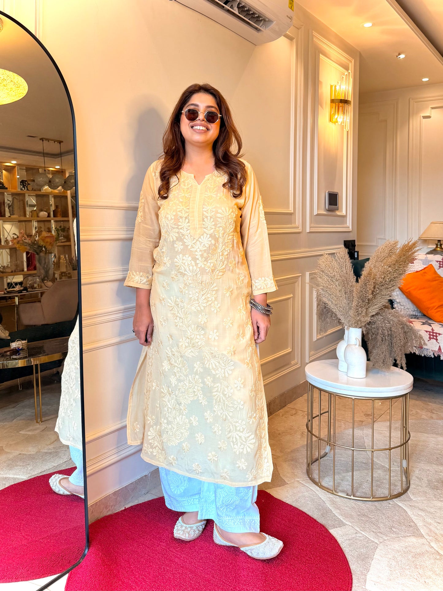 Hand embroidered Chikankari Kurta set | Mul Chanderi | Ivory colour