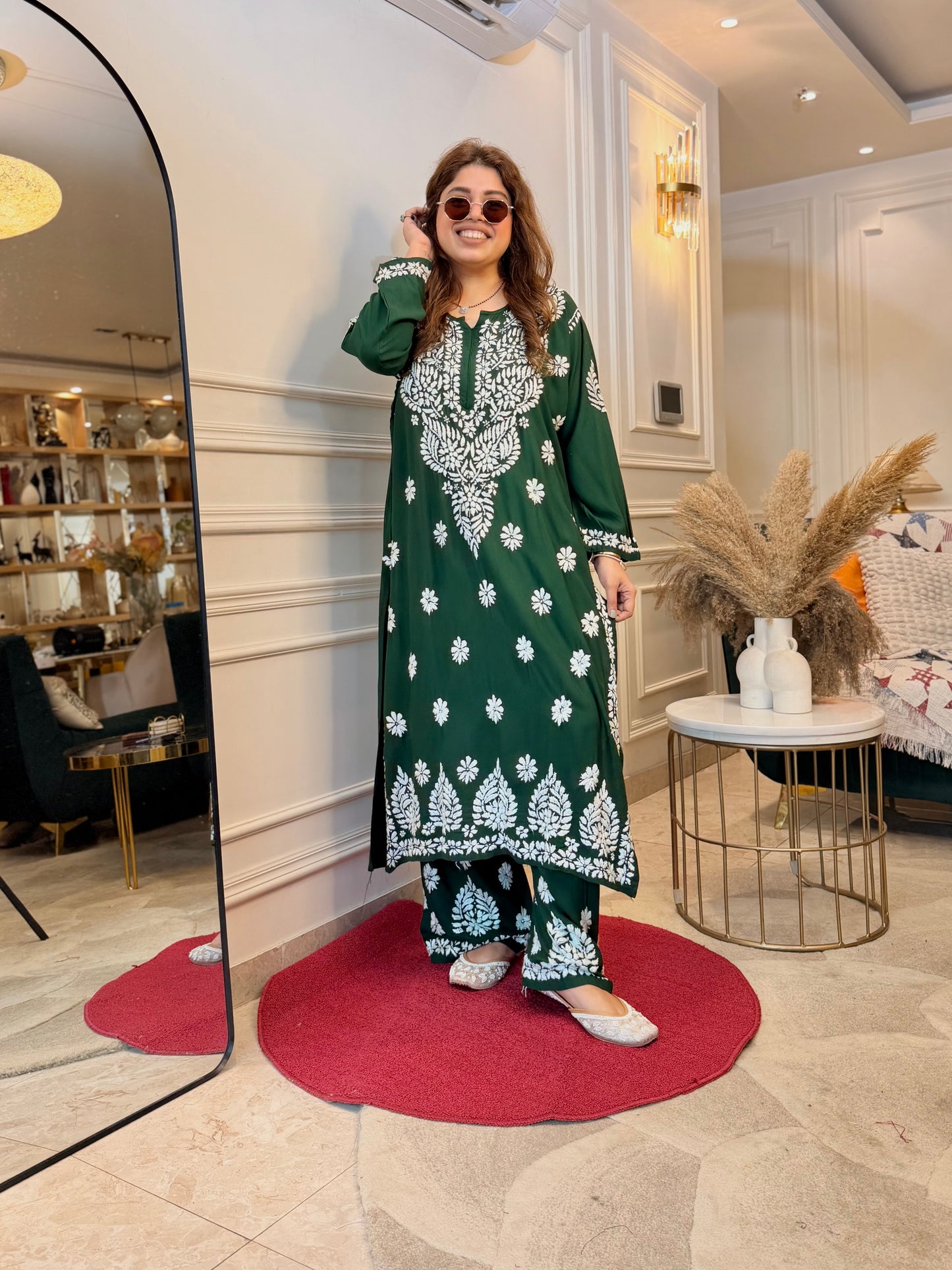 Hand Embroidered Chikankari Kurta set | Modal | Emerald