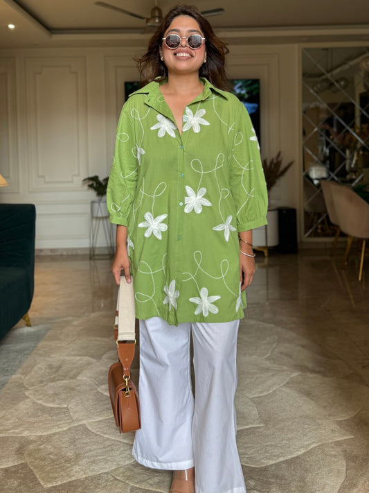 Lime Green Floral Co-ord Shirt Set