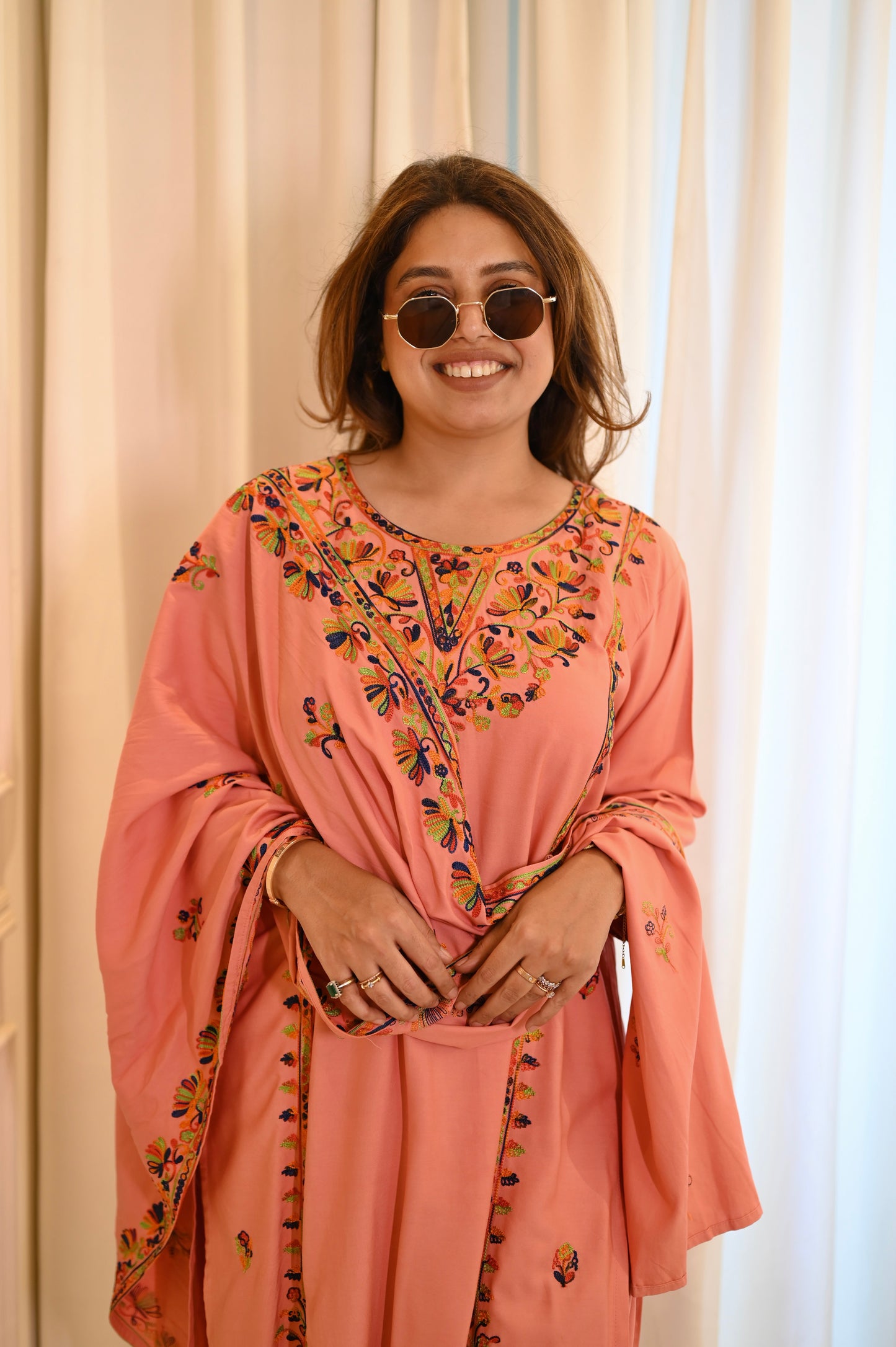 Peach Pink Cotton Embroidered Kurta Set with Dupatta