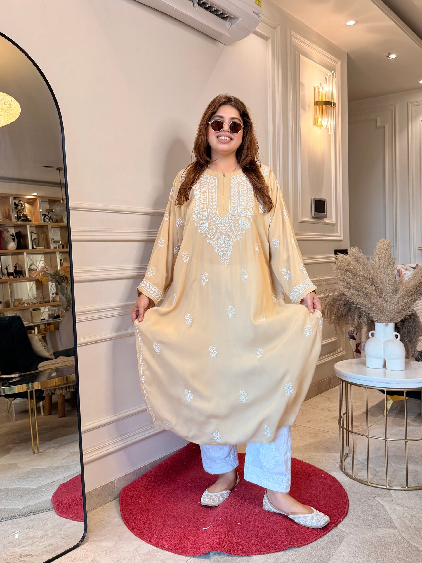 Hand Embroidered Chikankari Kurta | Modal | Sand Beige