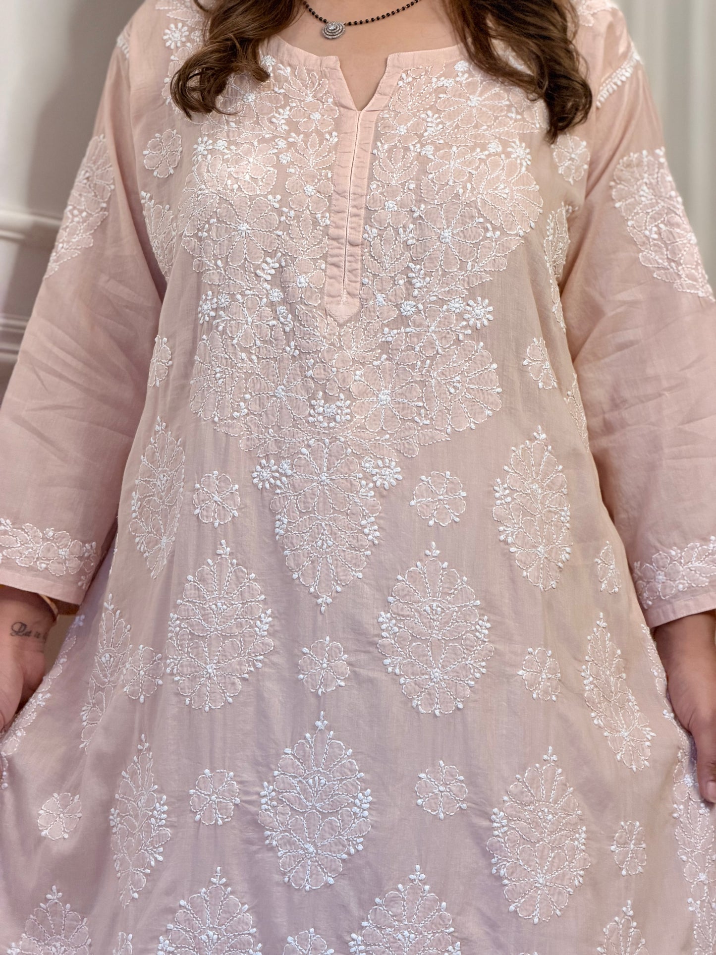 Hand Embroidered Chikankari Kurta | Premium Mul Cotton | Beige Peach