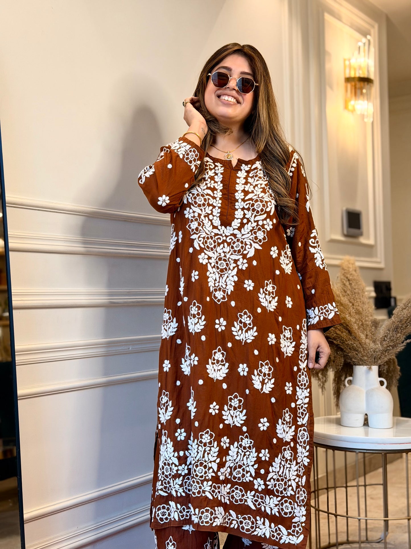 Hand embroidered 3D Chikankari Kurta set | Premium Modal| Brown