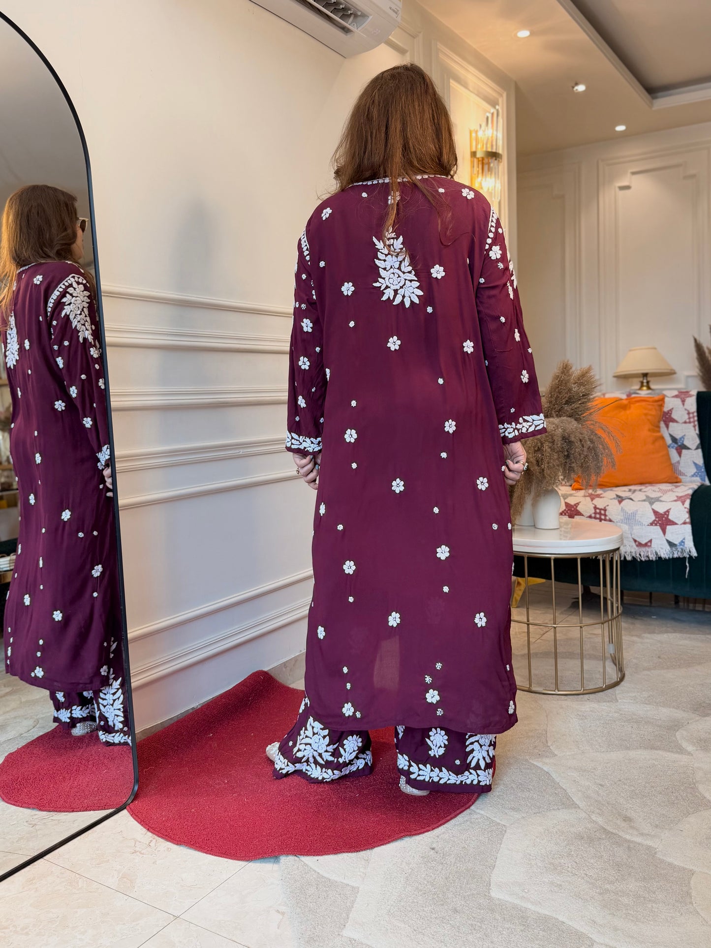 Hand Embroidered 3DChikankari Kurta set | Modal  | Maroon