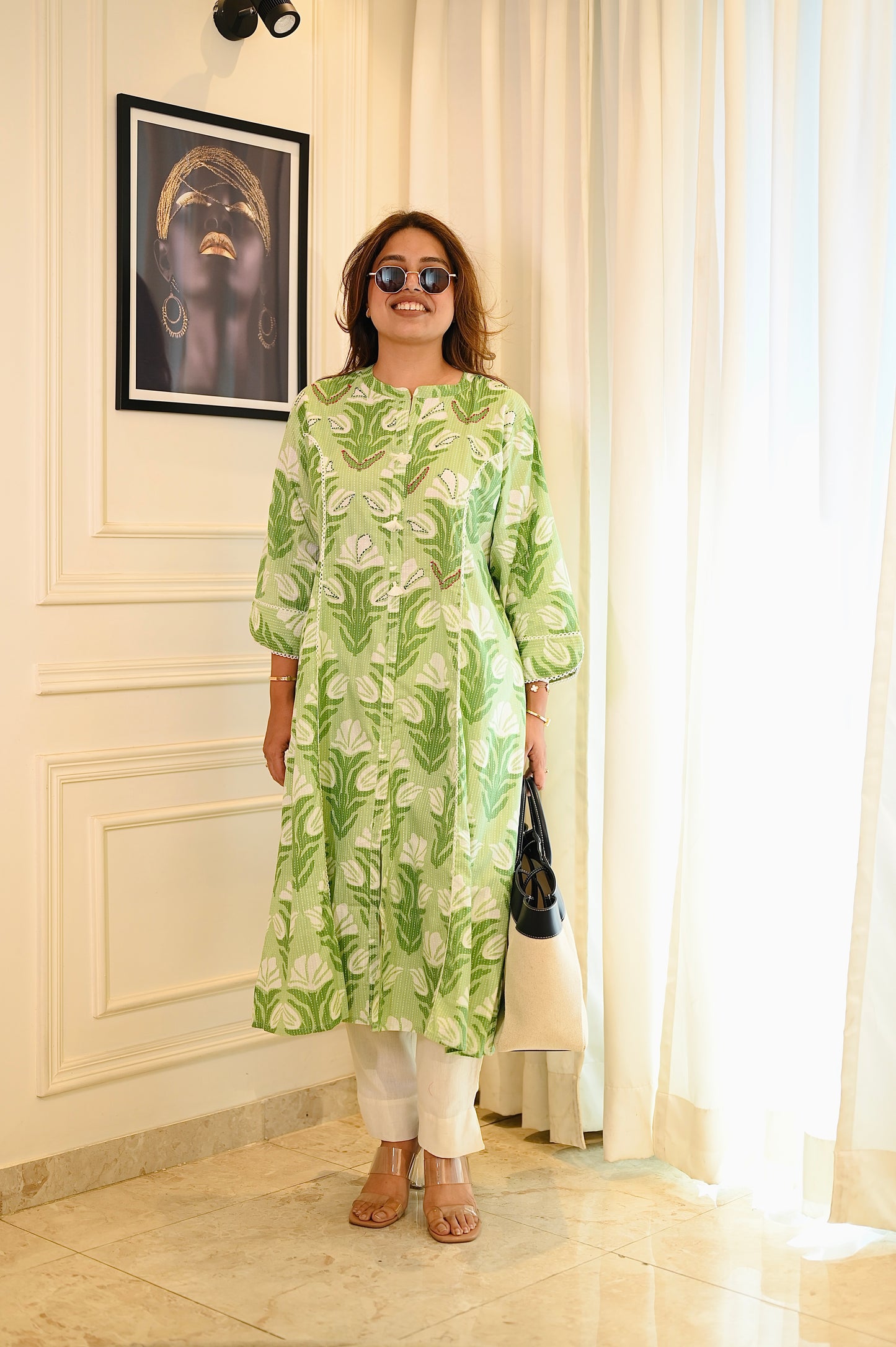 Plus Size Refreshing Green Printed Cotton Kurta Set with Lace Detailing