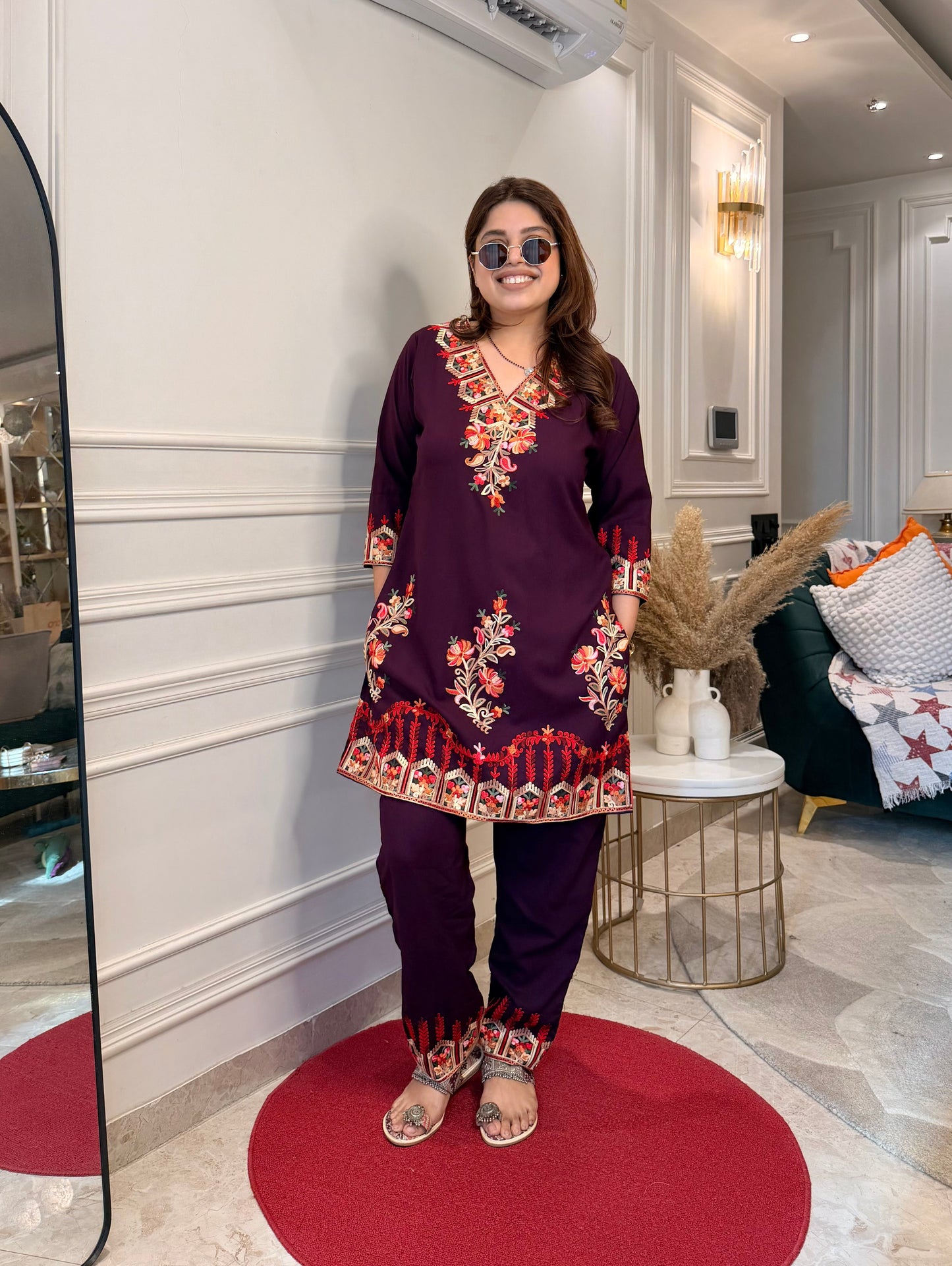 Cotton Kashmiri Emberoried Cordset- wine colour