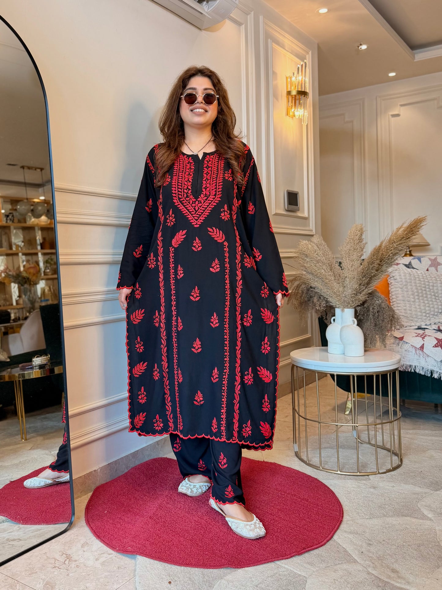 Hand Embroidered Chikankari Kurta set | Modal  | Black with Red