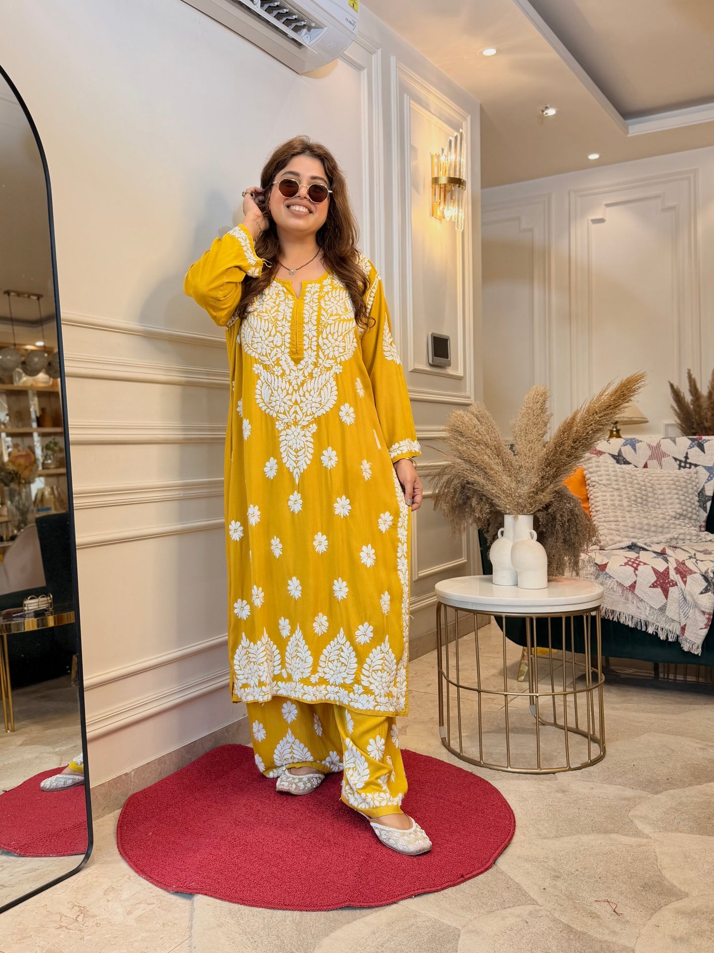 Hand Embroidered Chikankari Kurta set | Modal  | Mustard