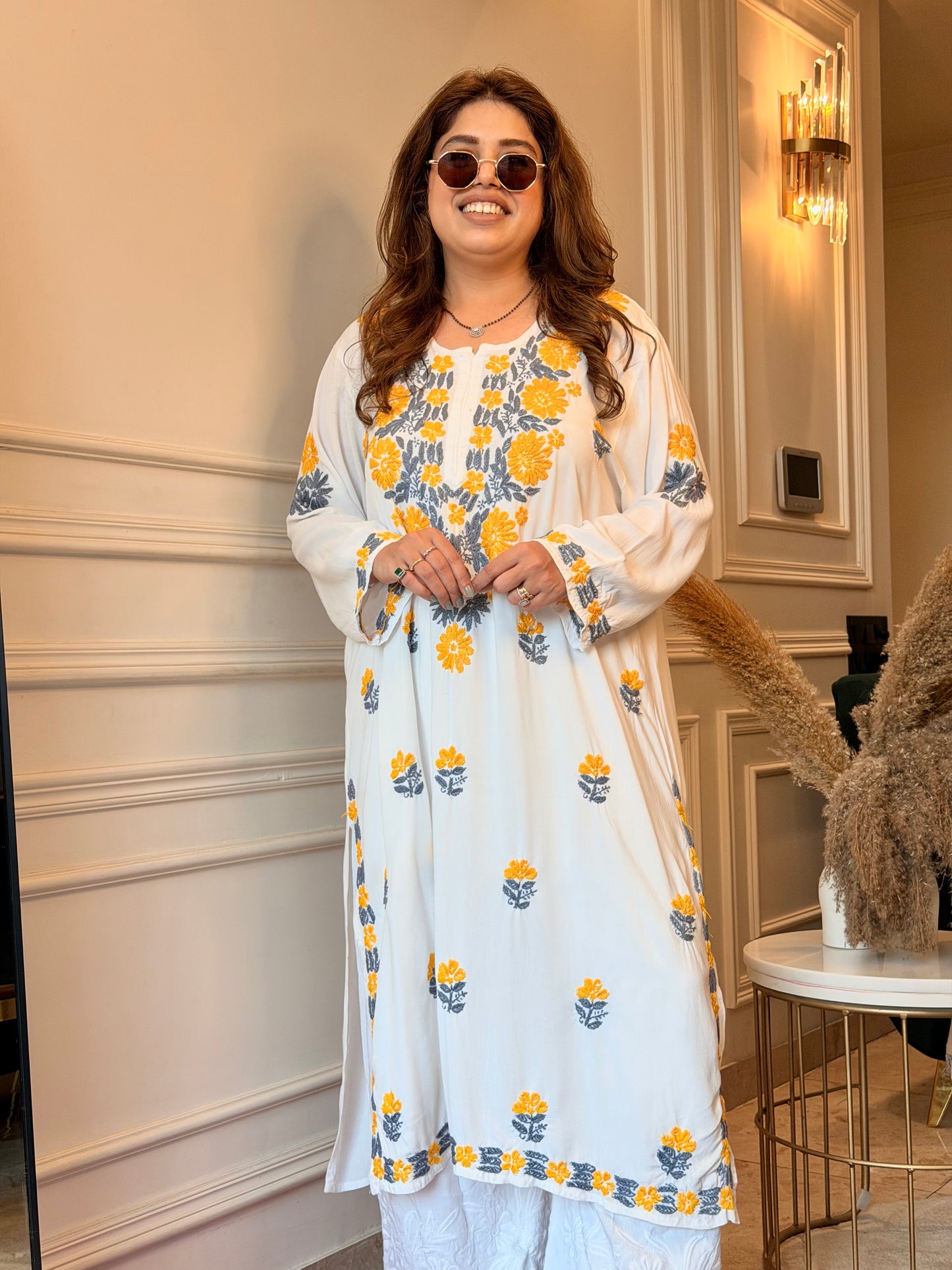 Hand embroidered Chikankari Kurta | Premium Cotton | White with Mustard and Grey