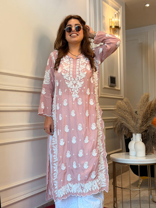 Hand embroidered 6D Chikankari Kurta | Mul Chanderi | Nude