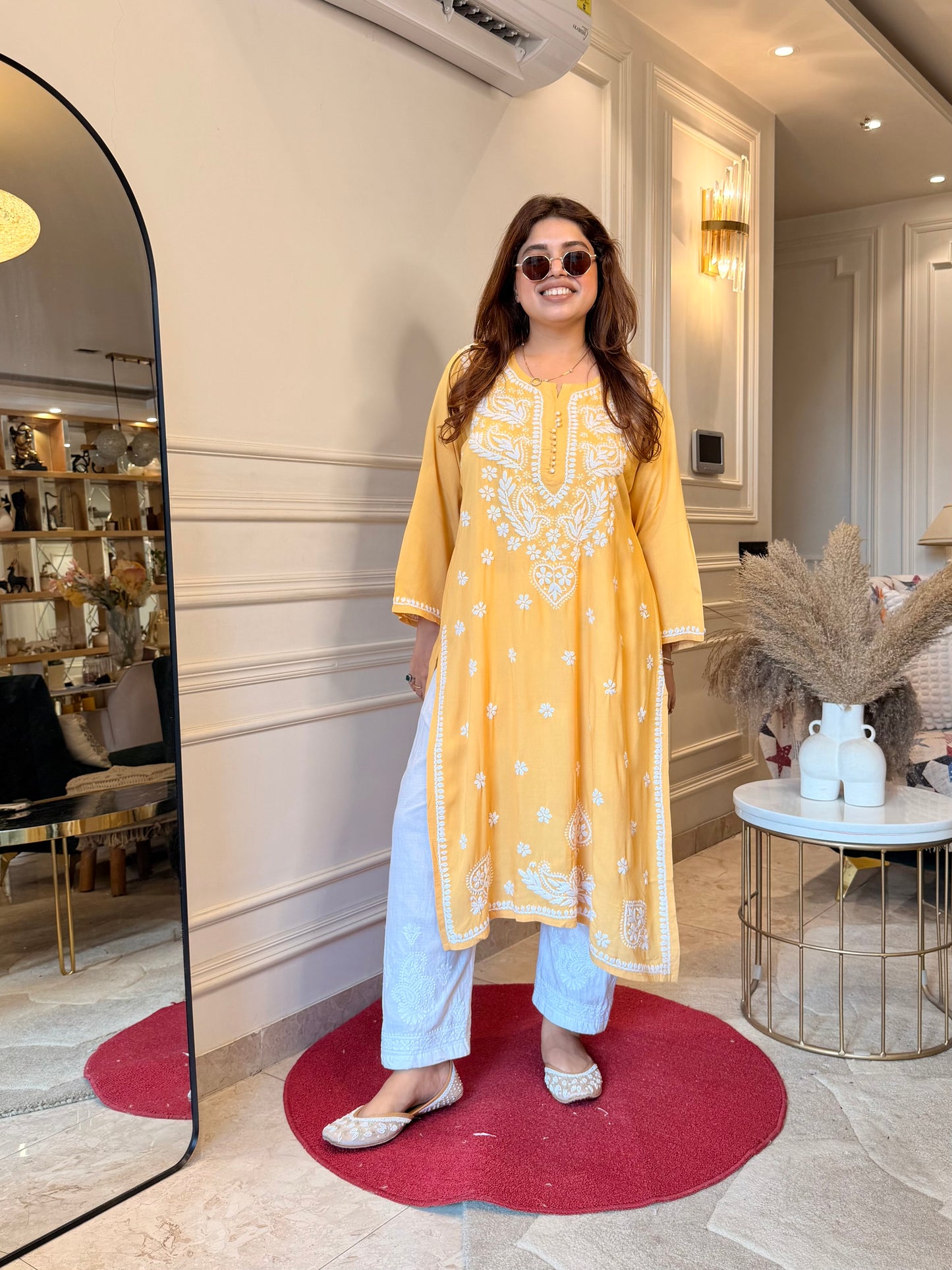 Hand Embroidered Chikankari Kurta | Modal |  Mustard
