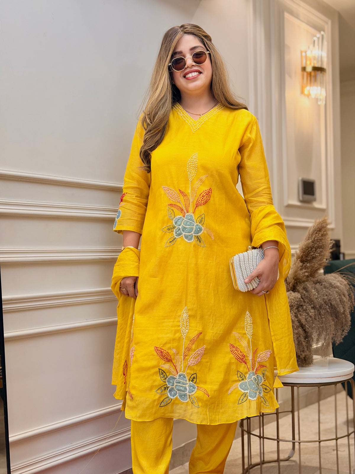Exclusive Mul Chanderi 3Piece A line kurta set | Mustard