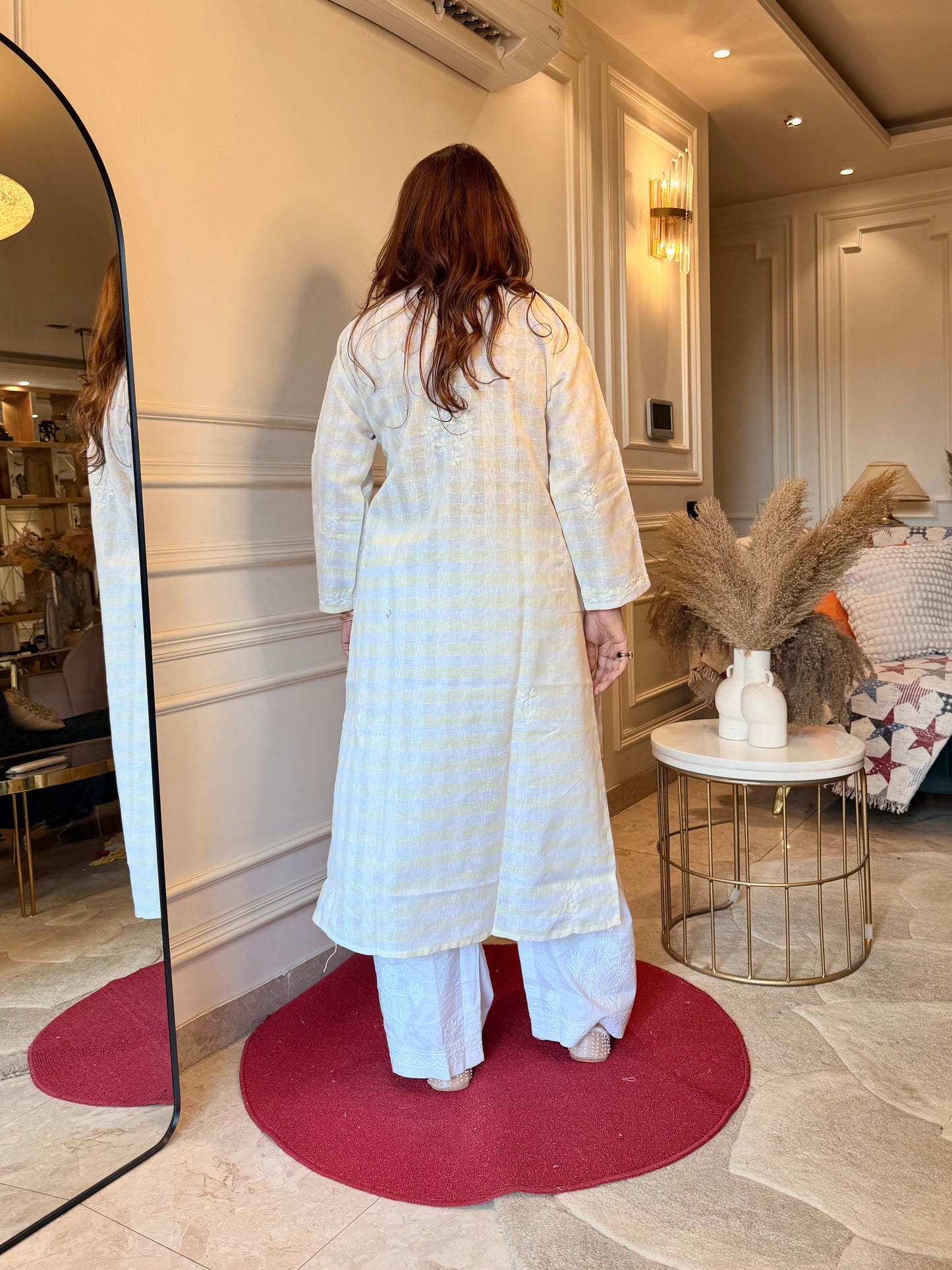 Hand Embroidered Chikankari Kurta Set - Kota Doriya Fabric | lemon Yellow