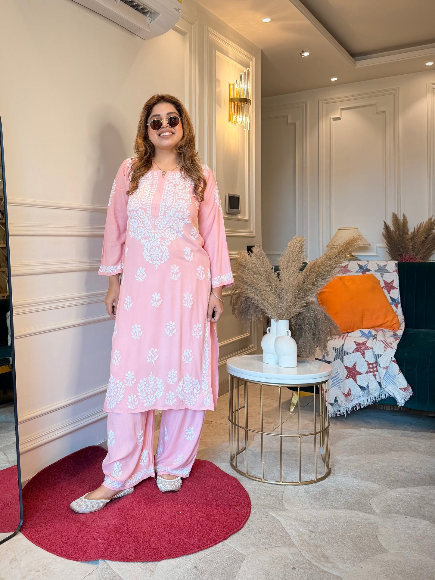 Hand Embroidered Chikankari Kurta set | Modal cotton | Light Peach