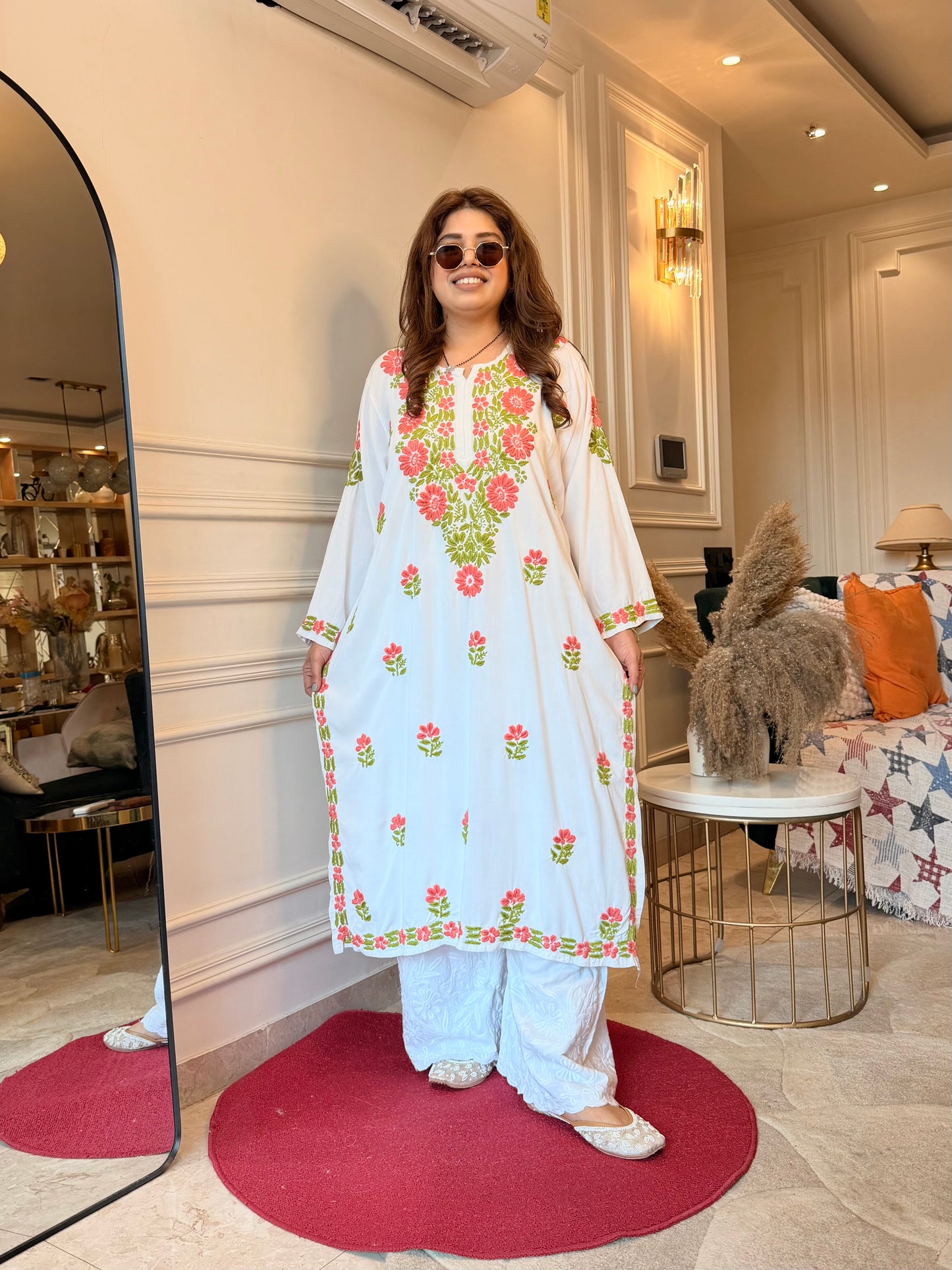 Hand embroidered Chikankari Kurta | Premium Cotton | White with Light Pink & Green