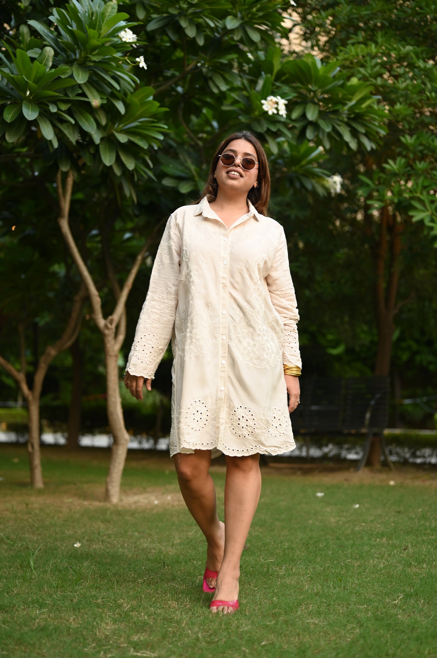 Ivory Shirt Dress with Delicate Thread Embroidery – Free Size Upto XL