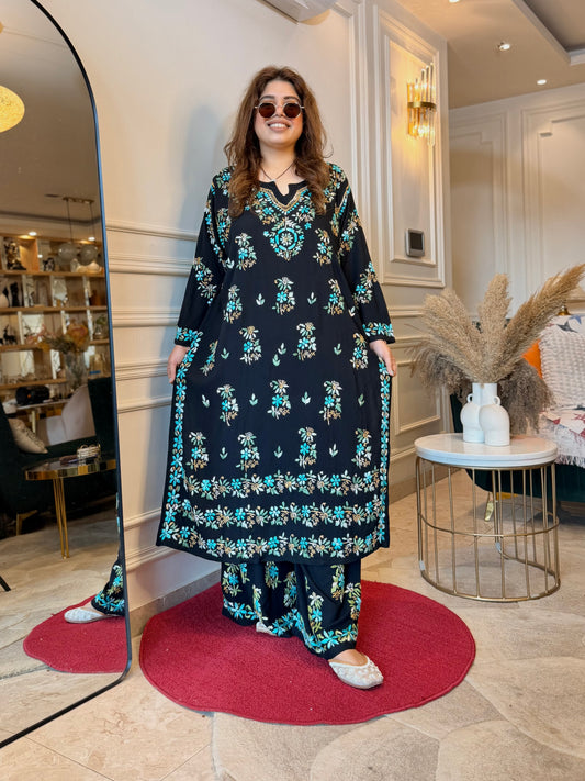 Hand Embroidered Chikankari Kurta set | Modal  | Black with Blue