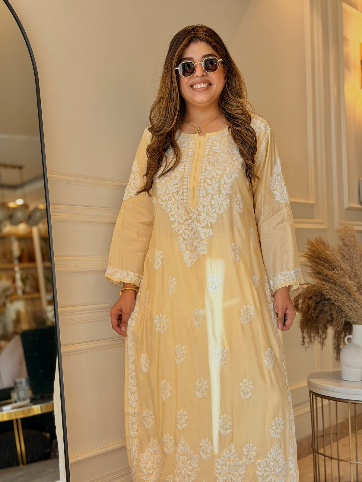 Hand Embroidered 3D Chikankari Kurta | Mul Chanderi | Light Yellow