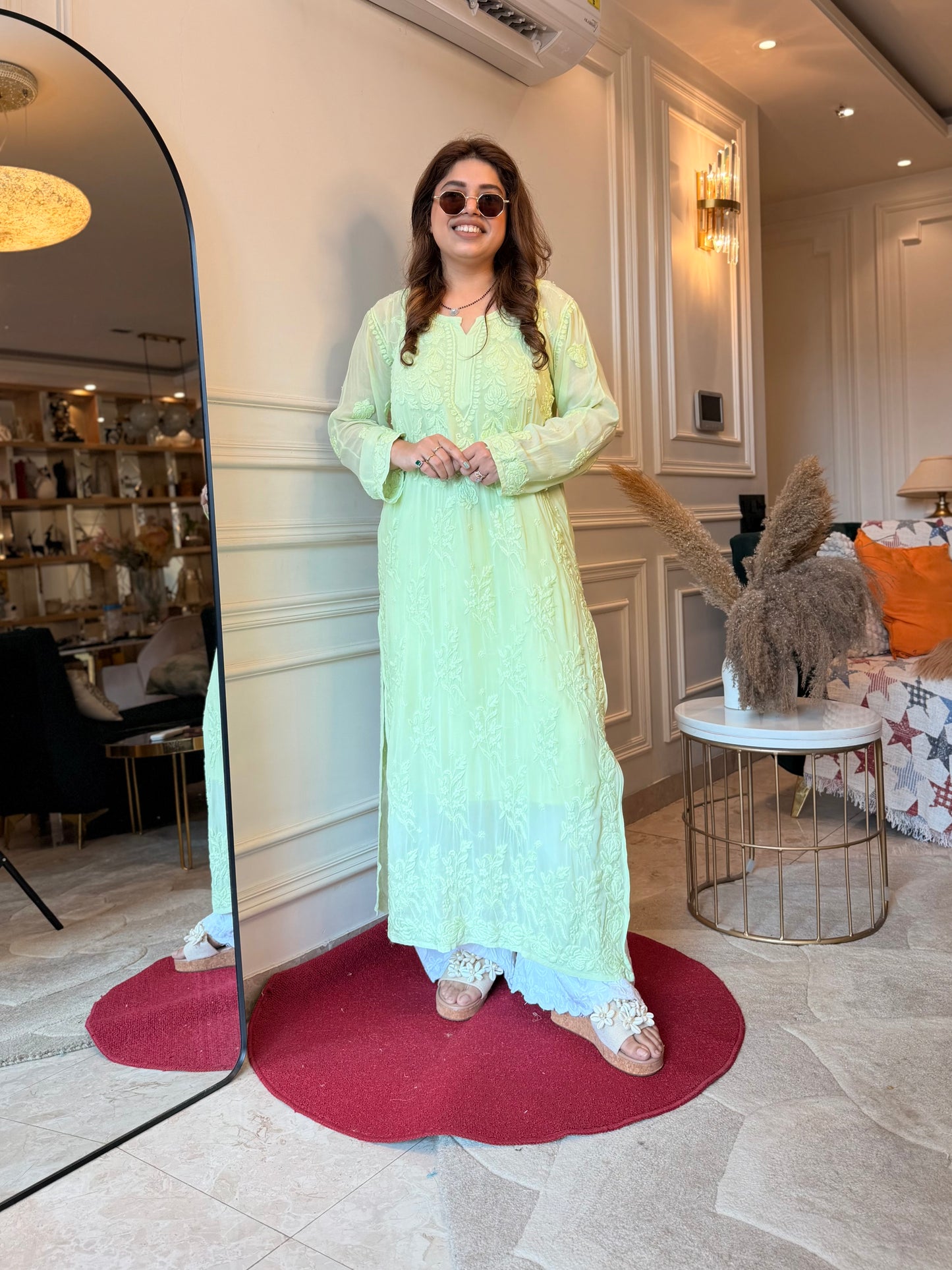 Hand Embroidered 3DChikankari Kurta  | Viscose | Pista Green