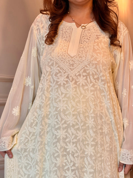 Delicate Full Zaal Hand Embroidered Chikankari Sharara set | Viscose | Lemon Yellow