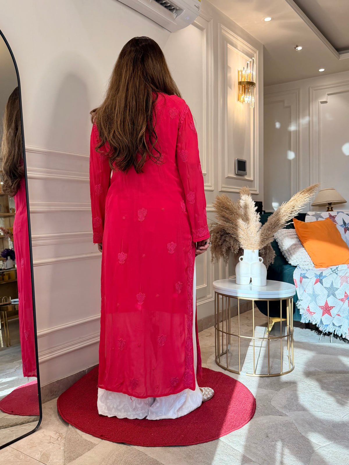 Hand Embroidered 3DChikankari Kurta  | Viscose | Hot Pink