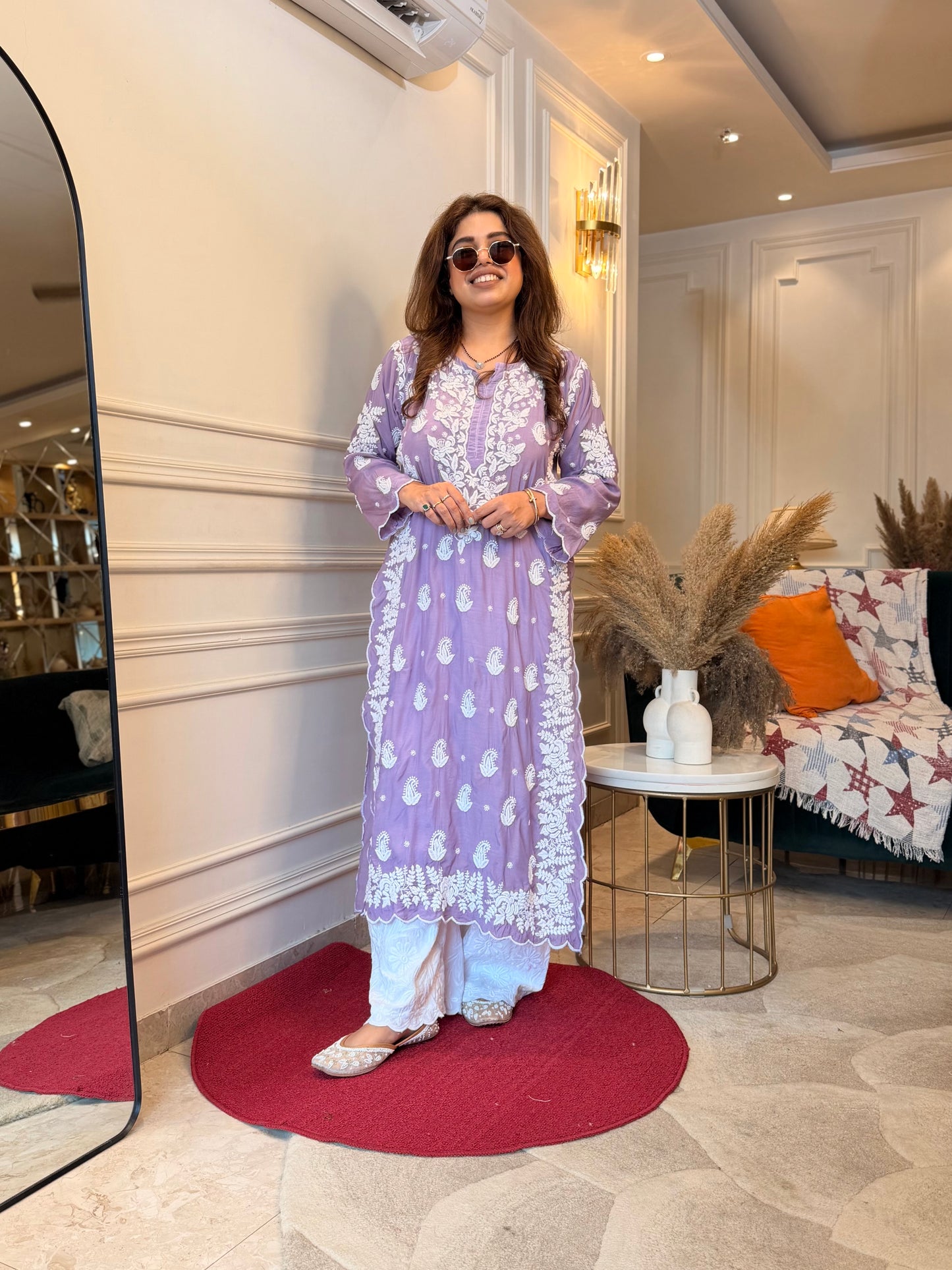 Hand embroidered 6D Chikankari Kurta | Mul Chanderi | Lavender