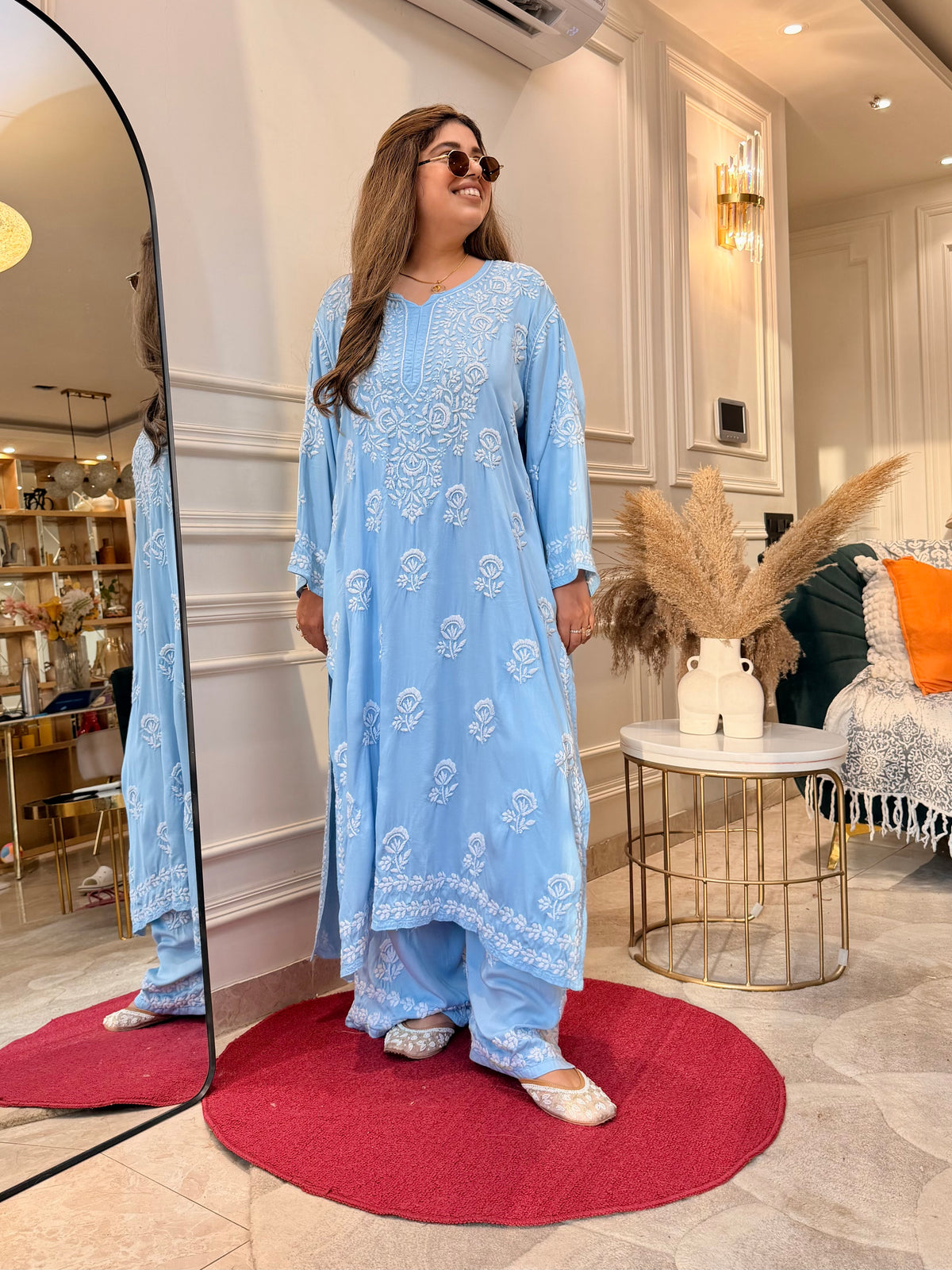 3D Hand Embroidered Chikankari Kurta set | Premium Modal Satin | Powder Blue