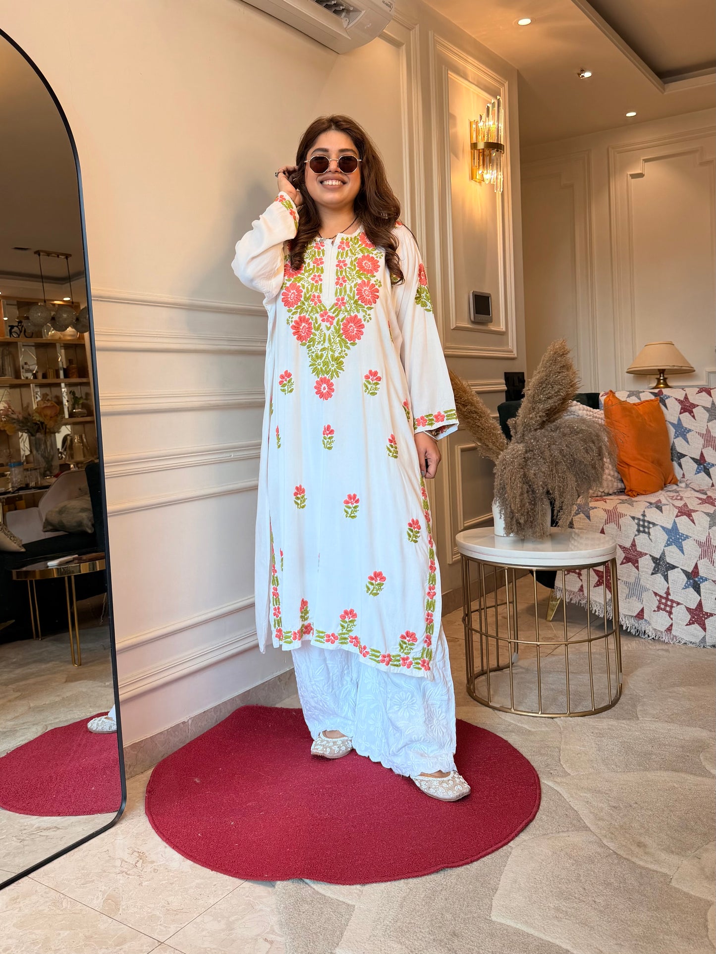 Hand embroidered Chikankari Kurta | Premium Cotton | White with Light Pink & Green