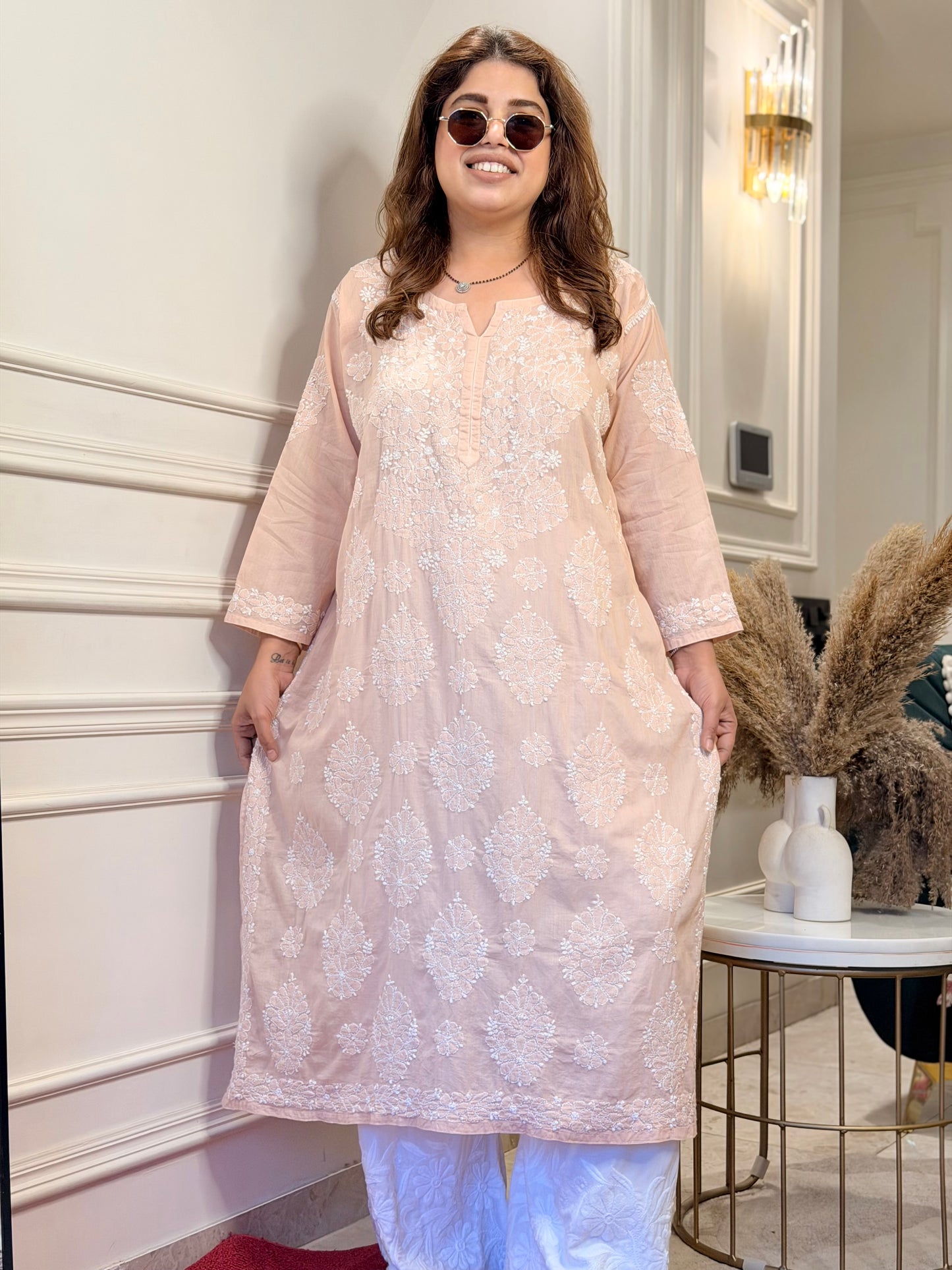 Hand Embroidered Chikankari Kurta | Premium Mul Cotton | Beige Peach