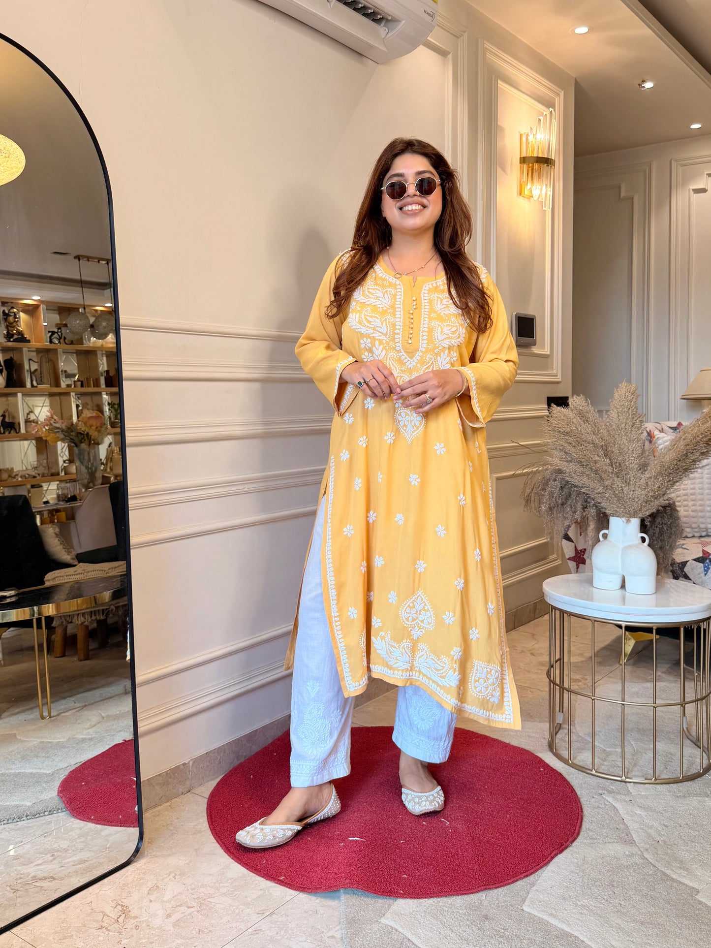 Hand Embroidered Chikankari Kurta | Modal |  Mustard