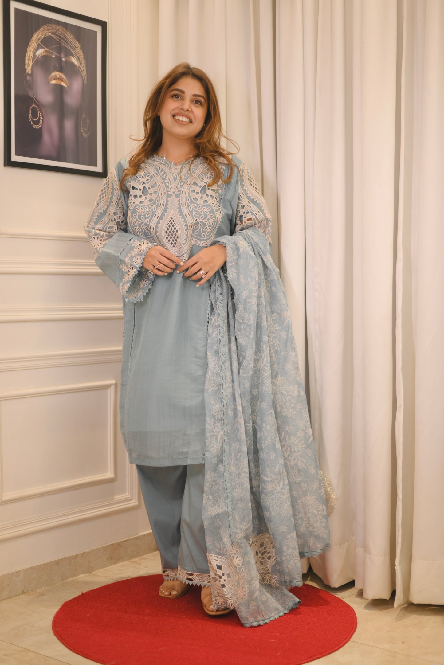 Exclusive Serene Blue Charm – Embroidered 3-Piece Suit Elegance  | Sizes M to XXL
