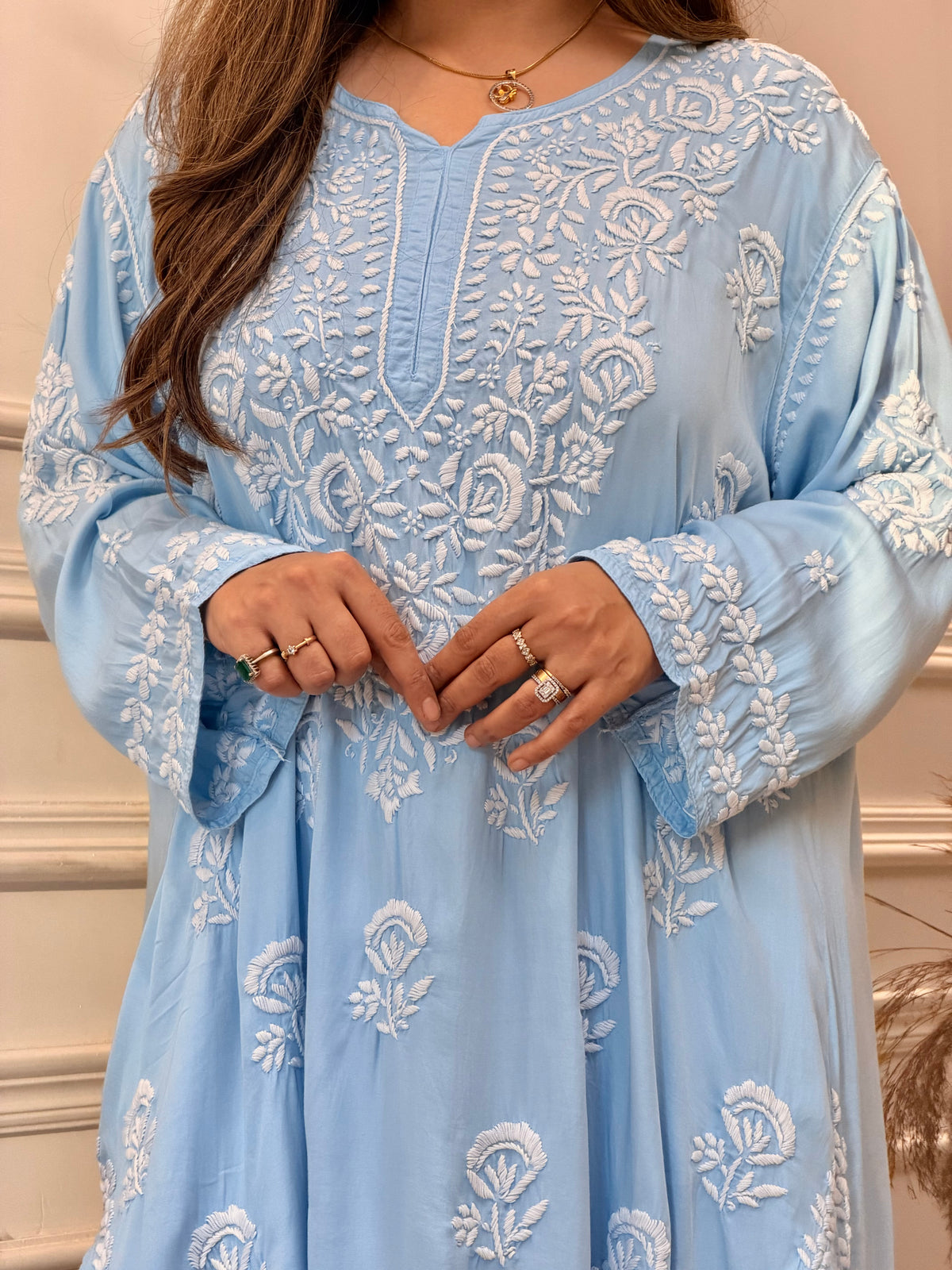 3D Hand Embroidered Chikankari Kurta set | Premium Modal Satin | Powder Blue