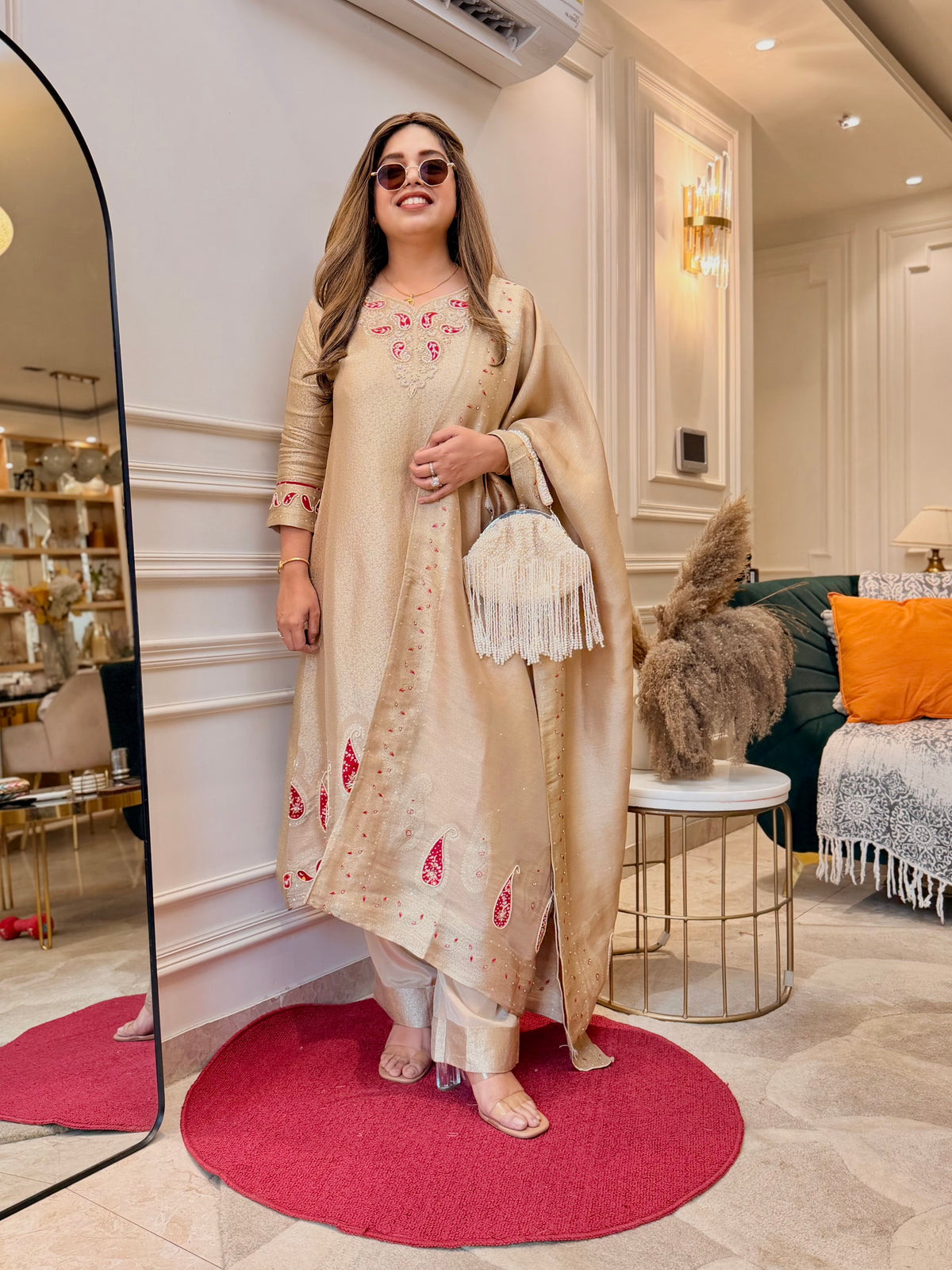 Exclusive Gold Beige Brocade Jacquard 3Piece A line kurta set