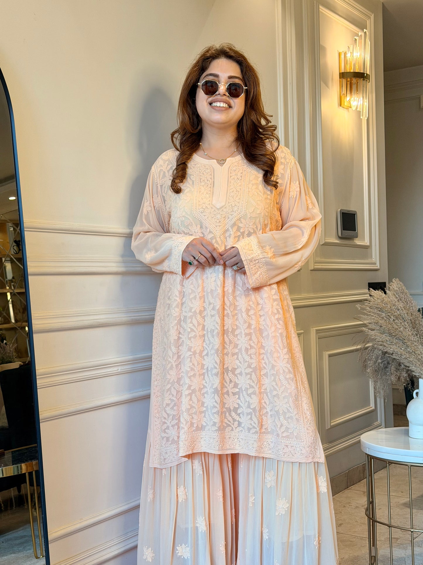 Delicate Full Zaal Hand Embroidered Chikankari Sharara set | Viscose | Peach