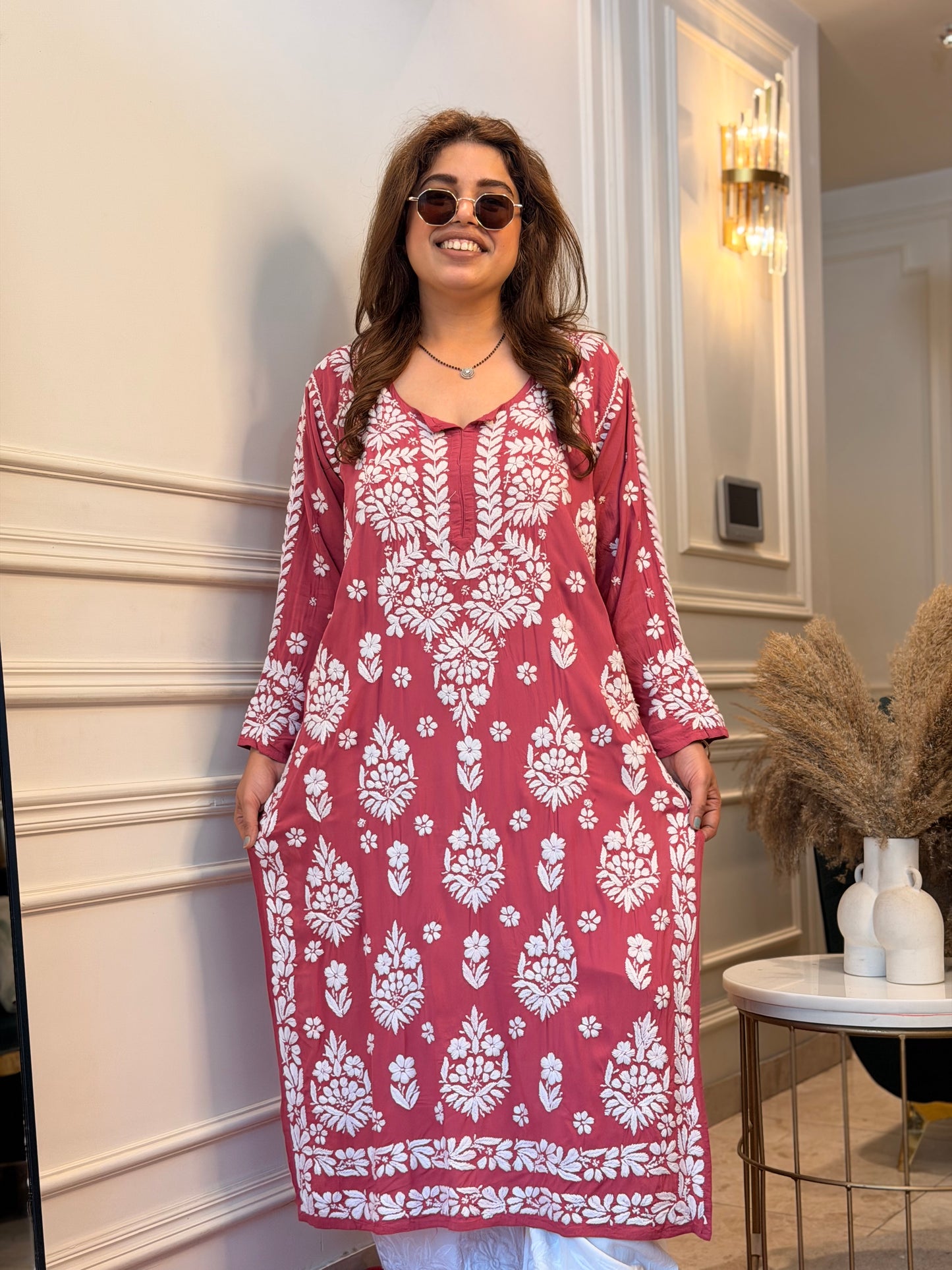 Hand Embroidered 6D Chikankari Kurta | Modal | Sand