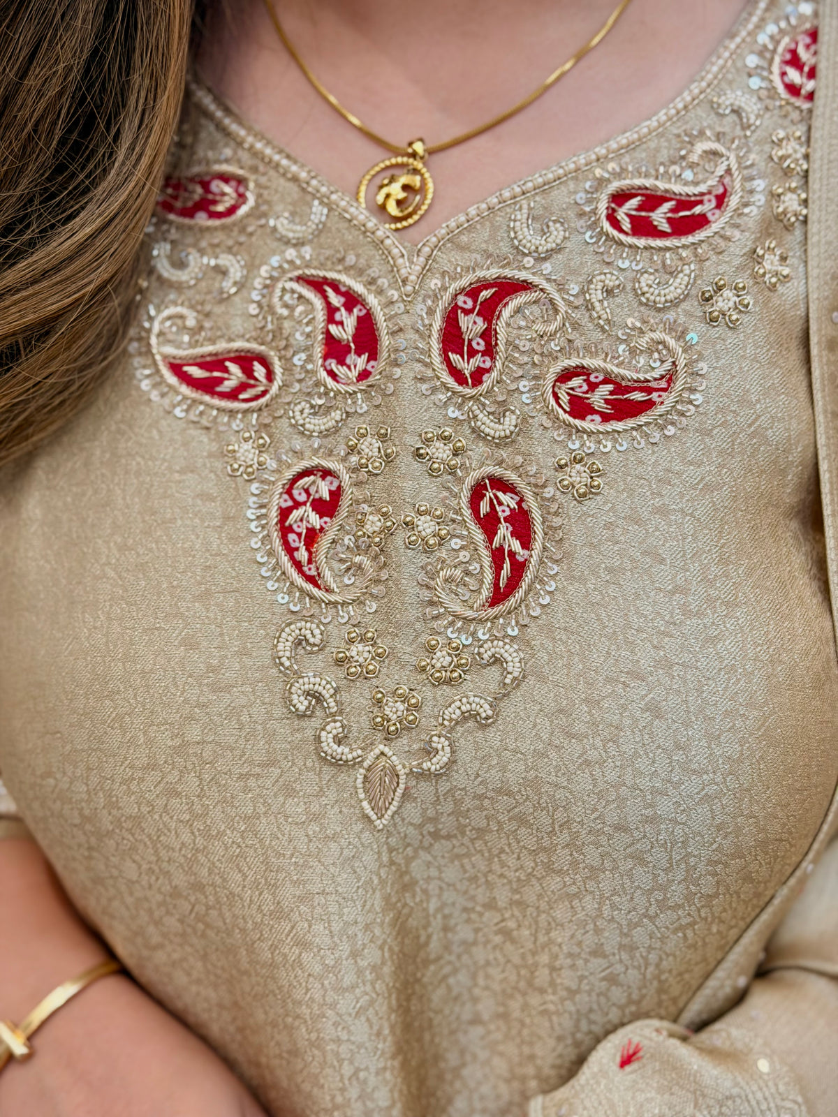 Exclusive Gold Beige Brocade Jacquard 3Piece A line kurta set