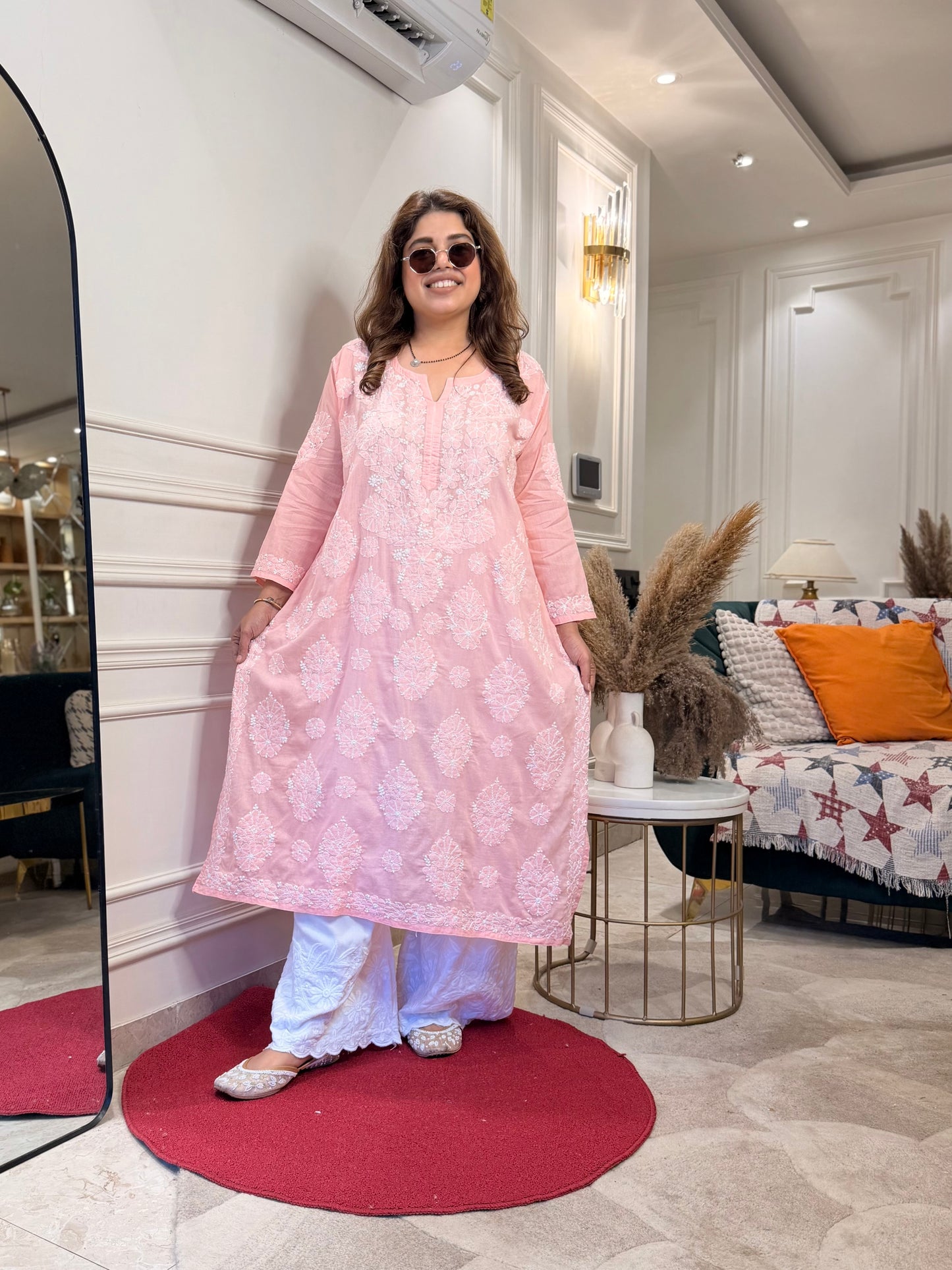 Hand Embroidered Chikankari Kurta | Premium Mul Cotton | Peach Pink