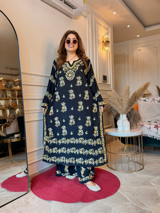 Hand Embroidered Chikankari Kurta set | Modal  | Black with Mustard