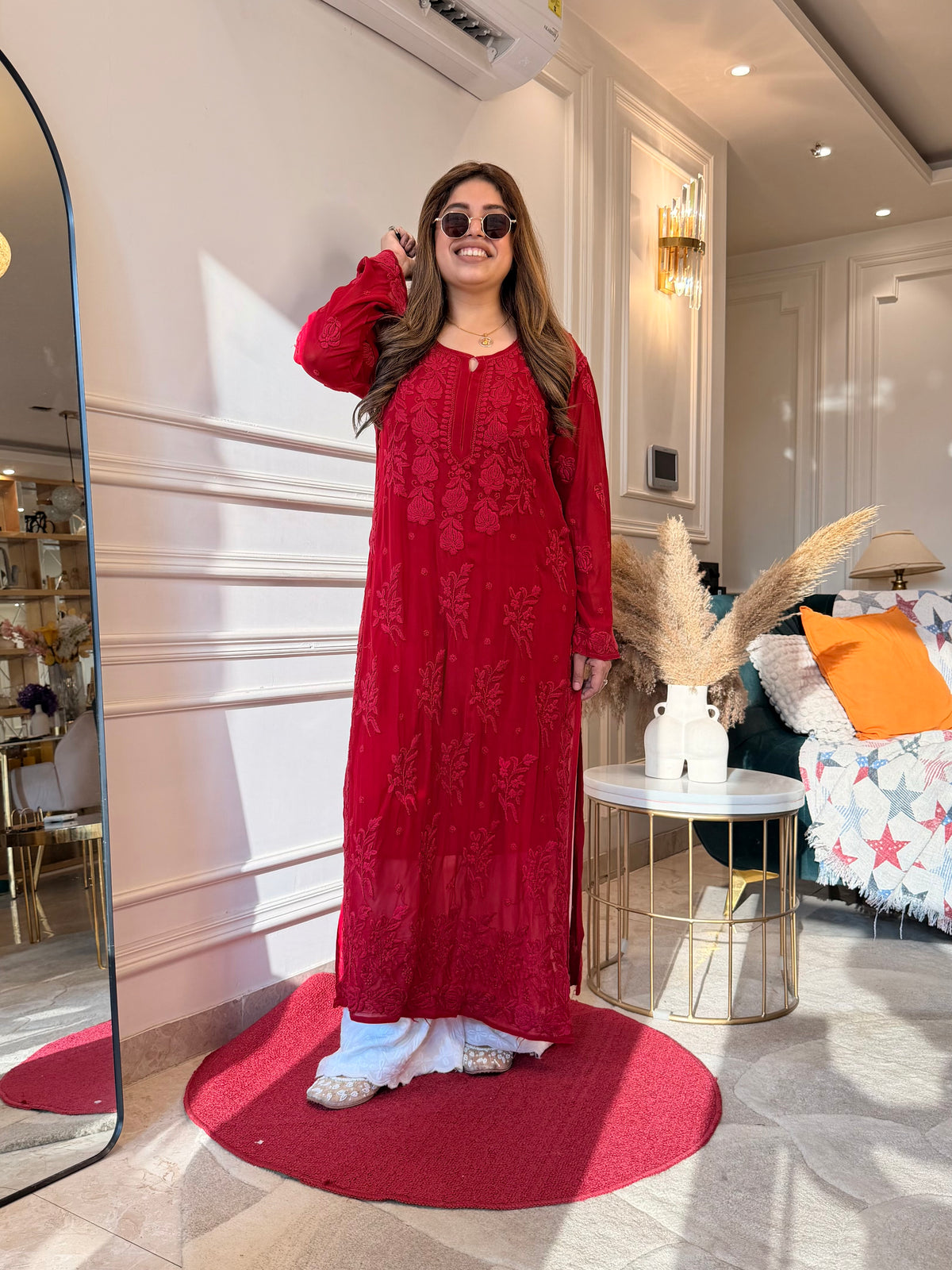 Hand Embroidered 3DChikankari Kurta  | Viscose | Cherry Red
