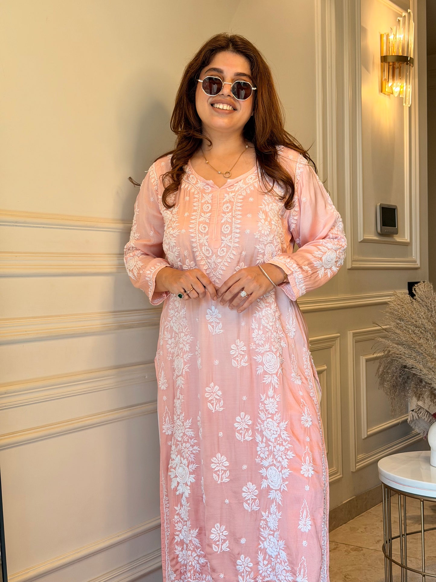 Chikankari Kurta | Modal Silk | Ombré Peach