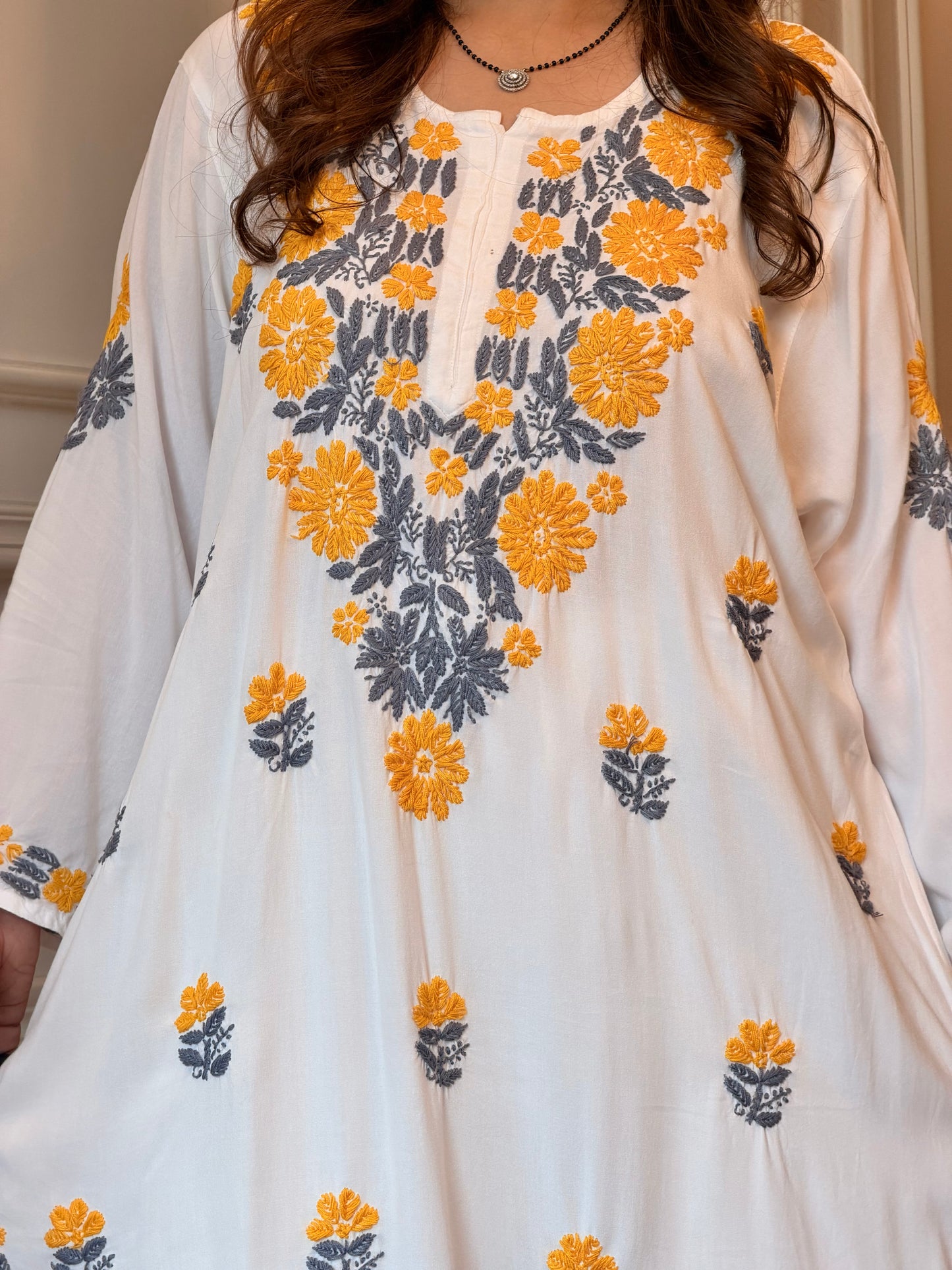 Hand embroidered Chikankari Kurta | Premium Cotton | White with Mustard and Grey