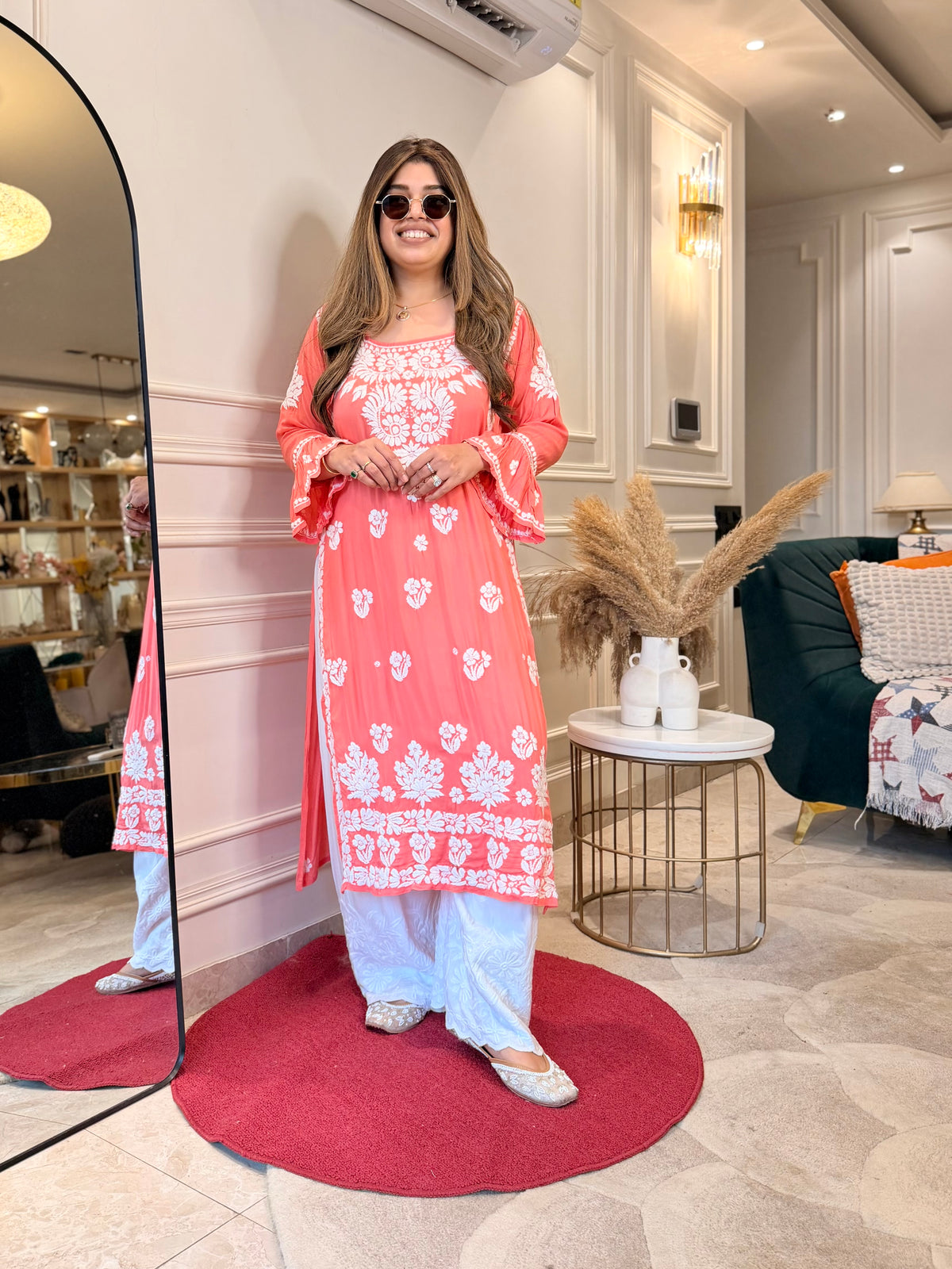 Hand Embroidered 3D Chikankari Kurta | Mul Chanderi | Pink